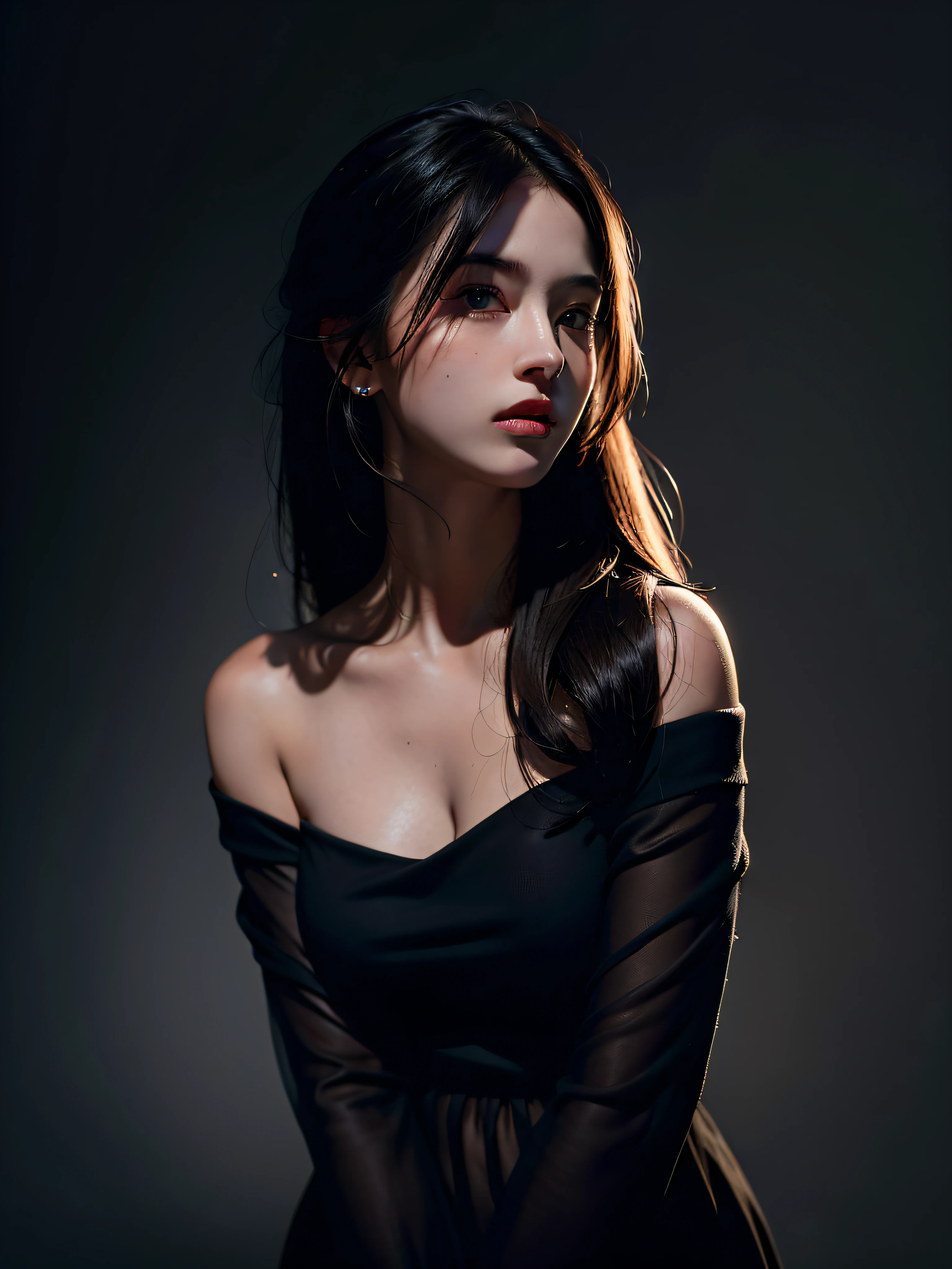 Best quality, masterpiece, ultra high res, (photorealistic:1.4), raw photo, 1girl, offshoulder, in the dark, deep shadow, low key, cold light