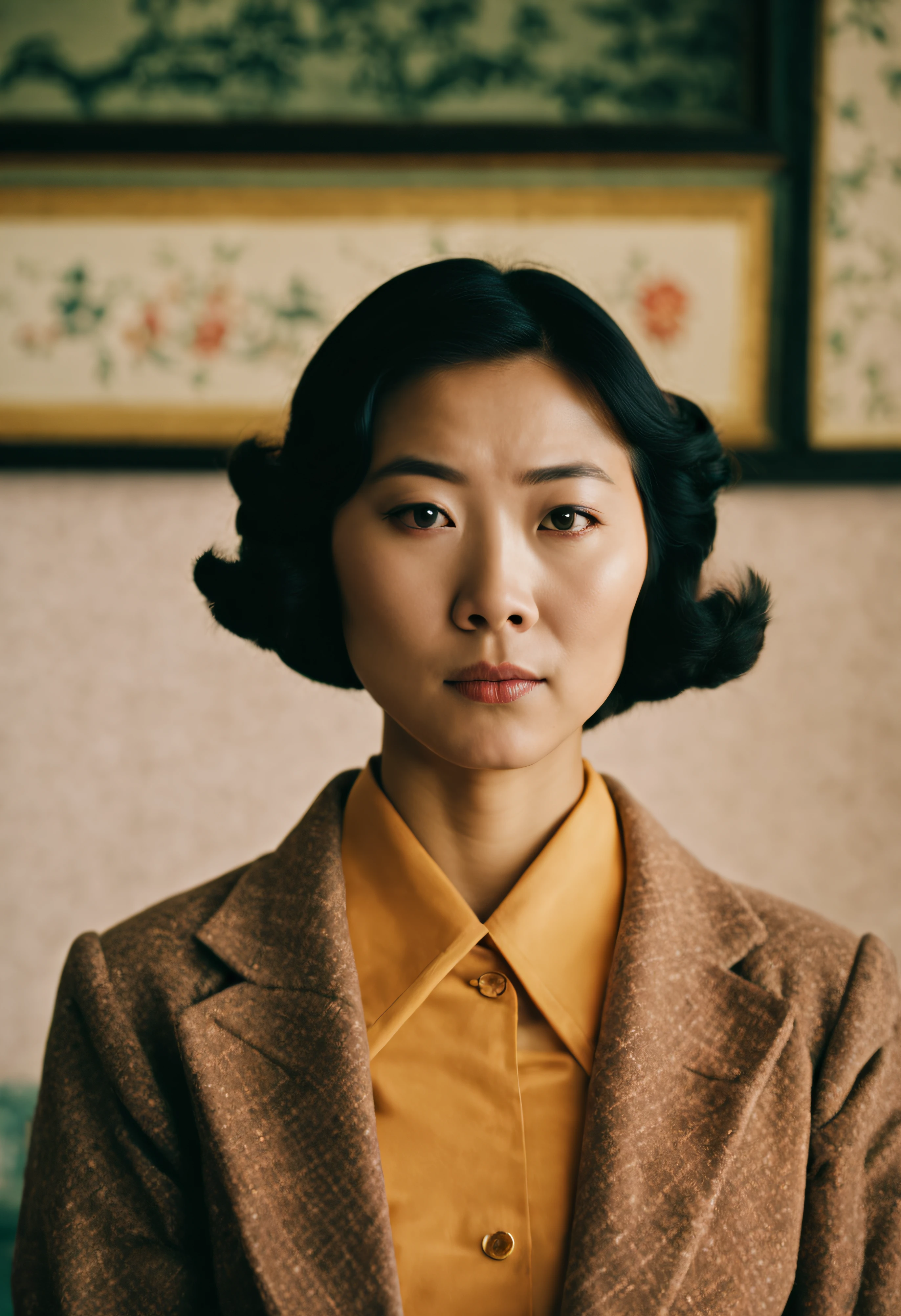 analog style portrait of an ((asian woman)) , wes anderson movie, still from stanley kubrick movie