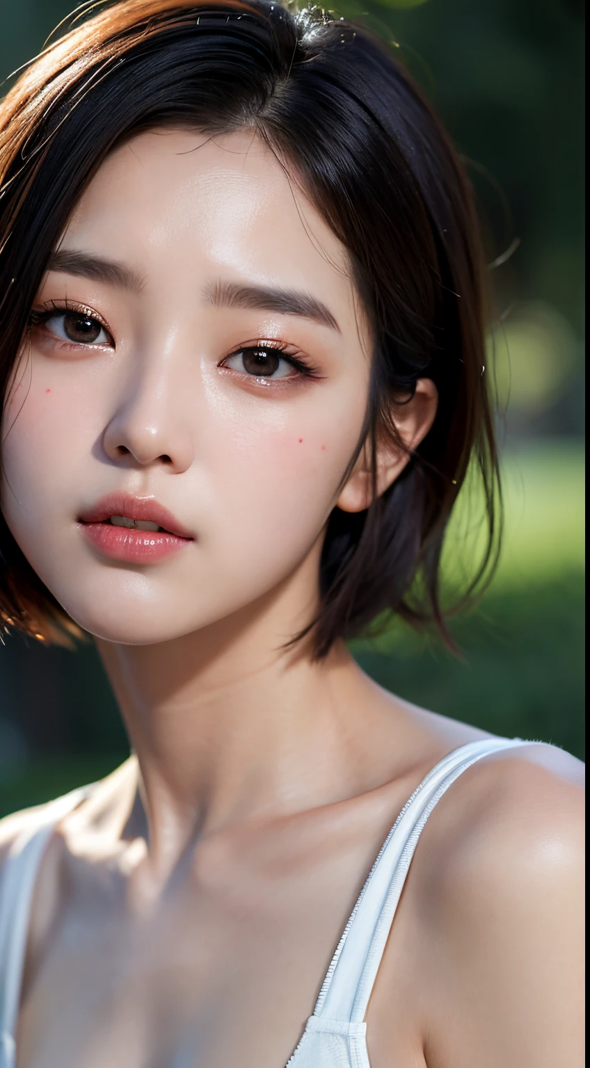 (Gyeongsan:1.5), Close up, Masterpiece, Best quality, Full anatomy, raw photo, photorealistic, Face, Incredibly ridiculous, Beautiful girl, Cute, Short hair, White underwear, depth of field, High resolution, Ultra detail, Fine detail, Very detailed, Very detailed eyes and face, Sharp pupils, Realistic pupils, Sharp focus, Cinematic lighting