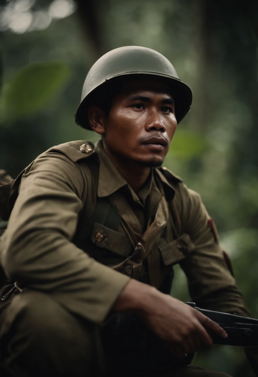 Portrait of an Indonesian army guerilla soldier in ww2 marching