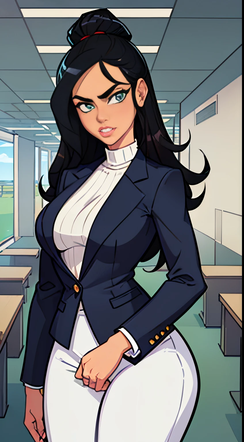 (office view), (cowboy shot), sfw, (masterpiece),  (cel shaded), (thick outlines), (glossy shine), Alexandria Ocasio-Cortez, solo, tan olive skin, green eyes, black hair, serious expression, business outfit (blue blazer, white turtle neck, blue office pants)