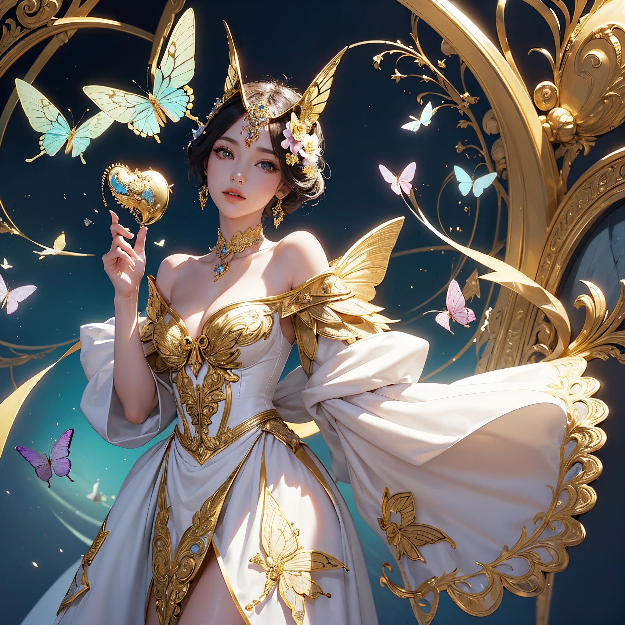 Butterfly motif、white and gold tones、Vibrant colors、((masterpiece)))、(((top-quality)))、((ultra-detailliert))、(A hyper-realistic)、(highly detailed CGillustration)、Official art、Decadent、Madame Papillon、Cool Beauty、Paris in the first half of the 20th century、Masquerade、refinement、Elegance、a gorgeous、、Colorful and detailed mask design、matchless beauty、Fans、gorgeous dress、jewely、Perfect Angle、perfect-composition、low angles、full body Esbian