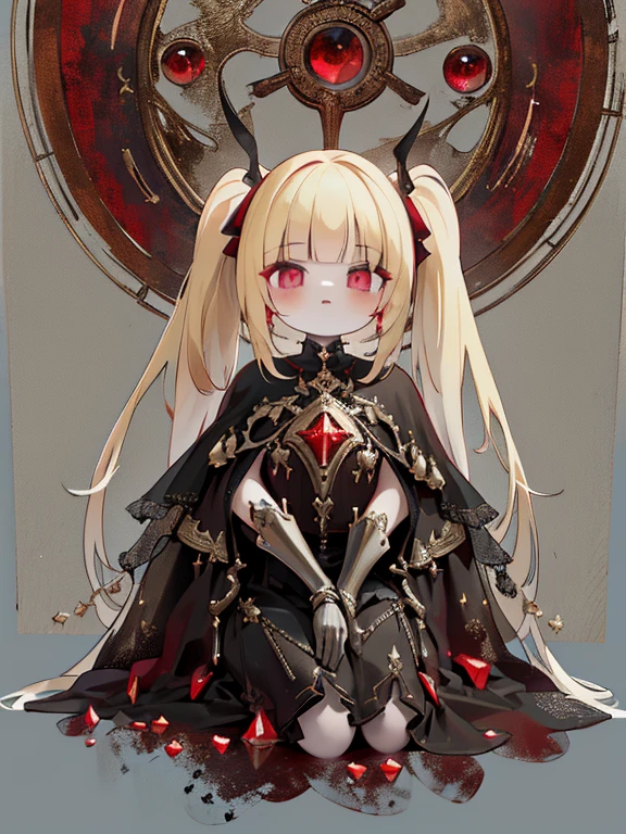 pale young divine gothic priestess, twintails, pure white skin, rust decay, Beautiful full body symmetrical portrait, Delicate blonde hairstyle, crimson eyes, dark red elegant gothic armor, encrusted with red gems, dark cathedral, masterpiece, Highest image quality, super detailing, upscaled, art by Zdzislaw Beksinski, art by H.R. Giger, absurdres, highres, (official art, beautiful and aesthetic:1.2), real, 4k, 8k,