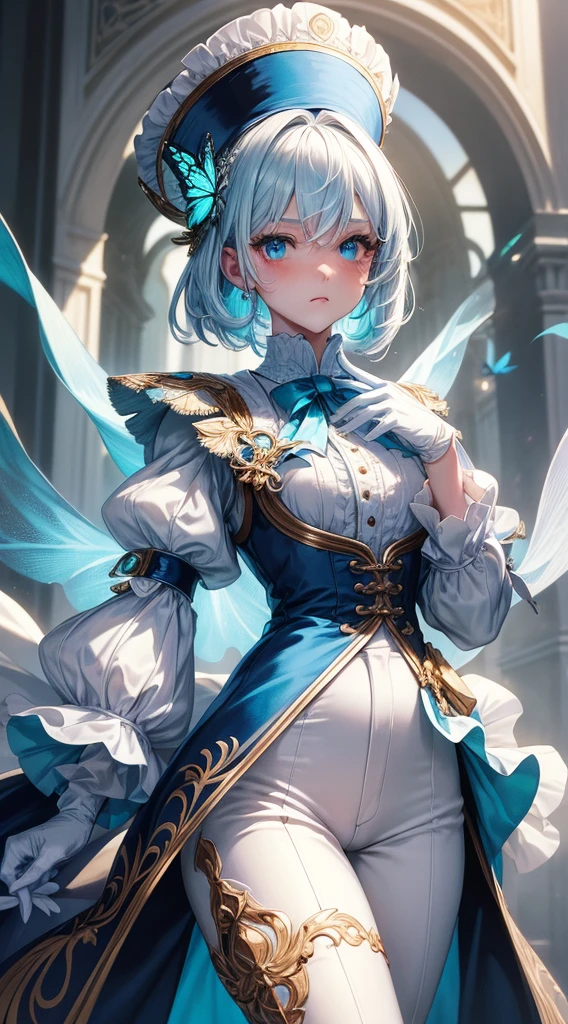 (Masterpiece, Slim Body, Delicate Fingers: 1.2), Best Quality, (Illustration: 1.2), (Hyper Detail), Eye Focus, Ultra Detail, (Fine Detail), (Intricate Detail), HDR, (Ultra Detail: 1.15), (Soft Light: 1.2), girls , White hair, blue highlights, (cyan left eyes: 1.3) , (blue right eyes: 1.3) , teenager , nobility lady cloth, neat outfit, (costume with blue accents: 1.2), white shirt , (blue jacket: 1.3), (medium long white pant: 1.2) , medium short hair , solo , heterochromia , wearing hat , wearing gloves (white) , multicolored hair , ahoge ,black ascot , long sleeves shirt , blue top hat, butterfly ,frilled sleeves jacket , large chest,