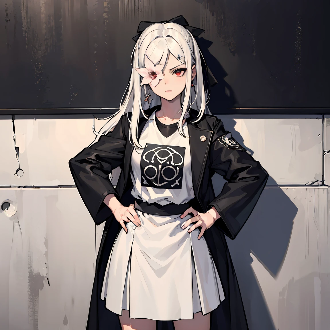 (absurdres, 8k, 4k, masterpiece, hyper extreme detailed:1.2), solo, front view portrait, best quality, portrait, solo, adult, cowboyshot, perfect anatomy, 1girl, perfect face, expressive eyes, perfect eyes, tomboy, white hair, long skirt, swept bangs, full body, WhiteOutfit, flower over eye, long hair, white hair, long hair, prosthetic arm, red eyes, black ribbon, zero, flower in eye, hands on hips, hallway background, graphic t-shirt, black jacket, streetwear, earring, standing up, standing against wall, white jacket