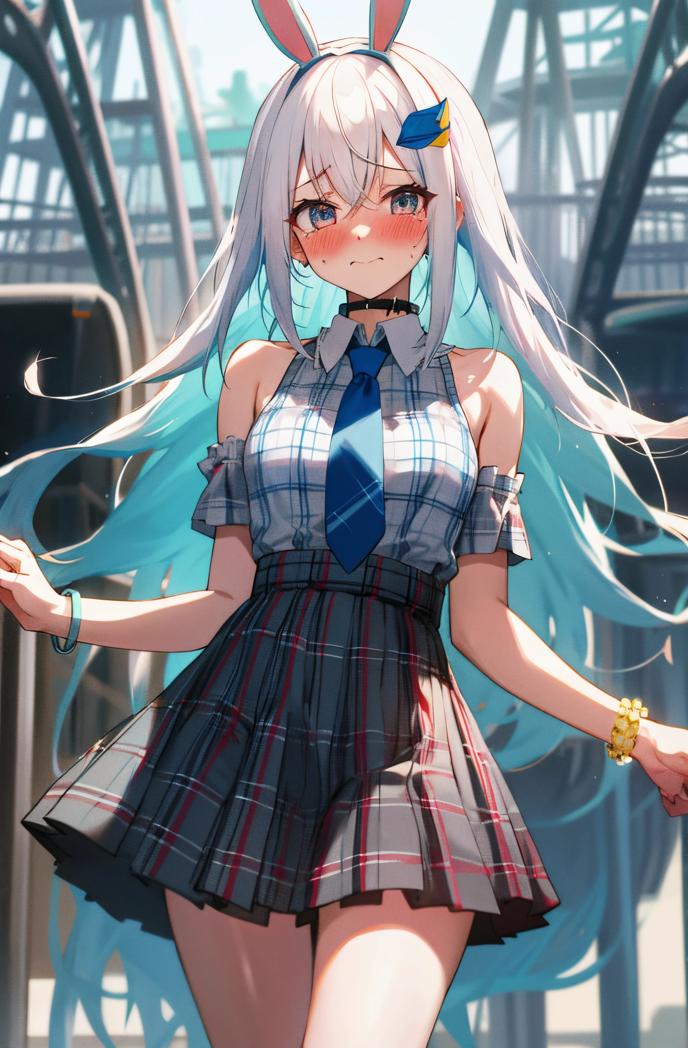 One girl with long hair, white hair, blue inner hair, looking at viewer, embarrassed, blushing, tears, outdoor, Amusement parks, bunny headband, plaid sweaters , bare shoulders, necktie, plaid mini skirt, thigh, slim, dizzy, choker, mid-chest, wide hips, perfect waist, day atmosphere, hair ornament, standing, waiting, bracelet, (embarrassed:1.0)