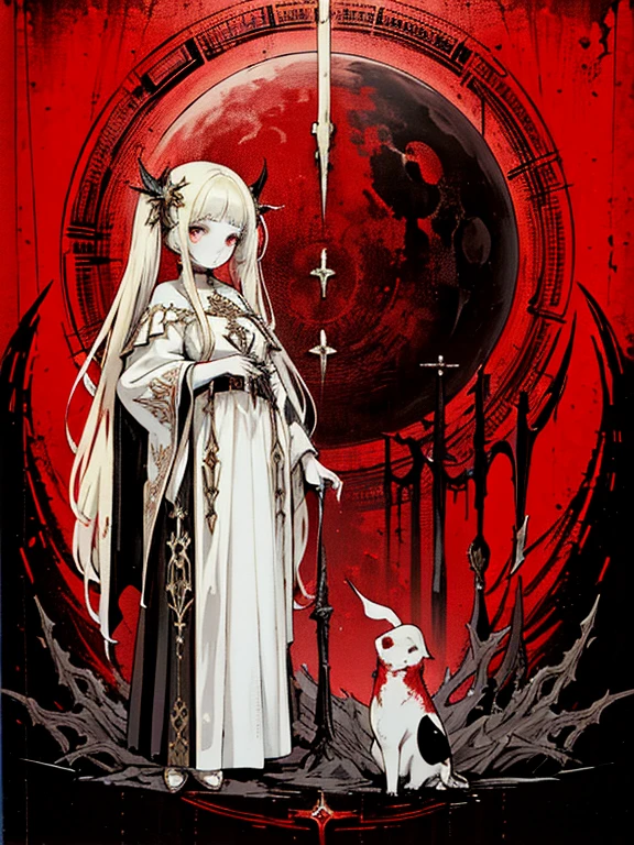 pale young divine gothic priestess, twintails, pure white skin, rust decay, Beautiful full body symmetrical portrait, Delicate blonde hairstyle, crimson eyes, dark red elegant gothic armor, encrusted with red gems, dark cathedral, masterpiece, Highest image quality, super detailing, upscaled, art by Zdzislaw Beksinski, art by H.R. Giger, absurdres, highres, (official art, beautiful and aesthetic:1.2), real, 4k, 8k,