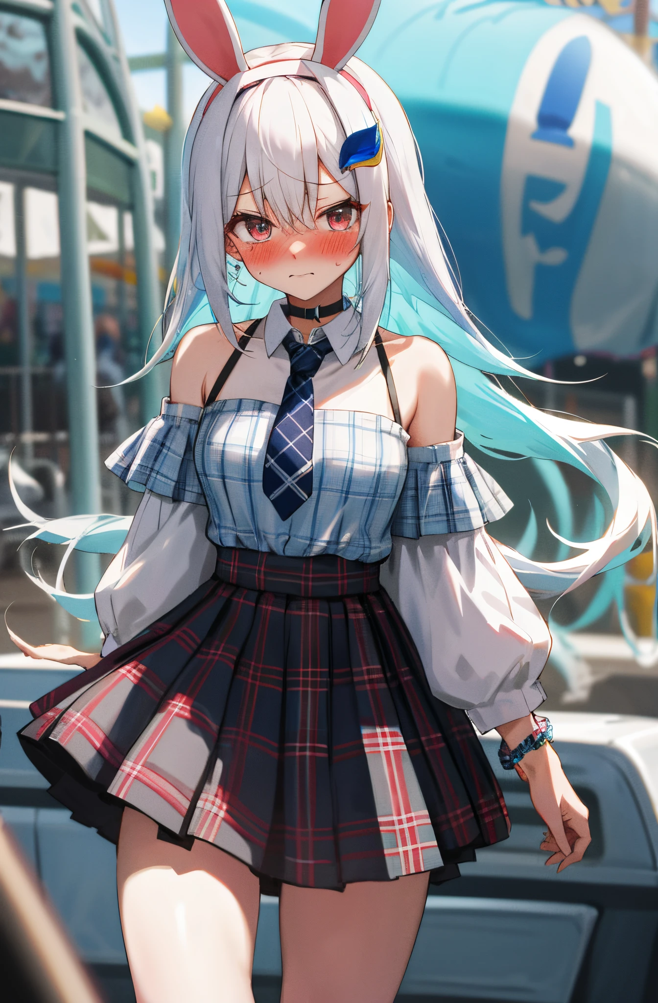 One girl with long hair, white hair, blue inner hair, looking at viewer, embarrassed, blushing, tears, outdoor, Amusement parks, bunny headband, plaid sweaters , bare shoulders, necktie, plaid mini skirt, thigh, slim, dizzy, choker, mid-chest, wide hips, perfect waist, day atmosphere, hair ornament, standing, waiting, bracelet, (embarrassed:1.0)