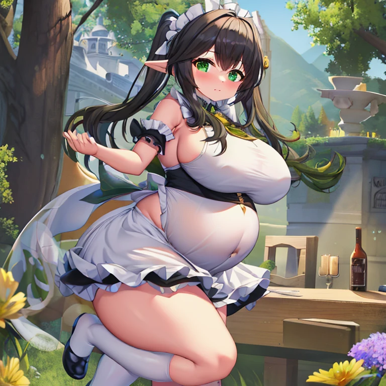 Pregnant, huge belly, visible belly, huge breasts, thick thighs, maid clothes. (Best quality, detailed, full body)