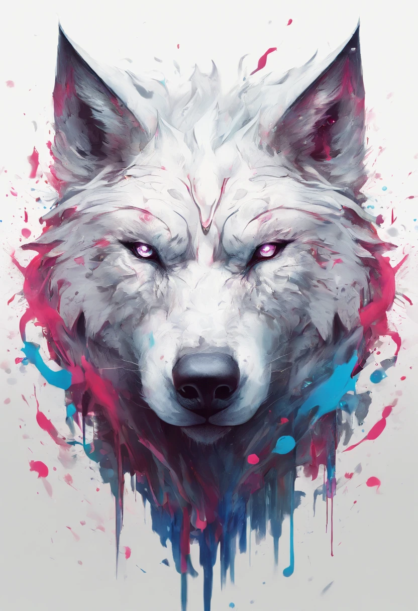 Splash art, a wolf head, ((white background)), piercing eyes, epic Instagram, artstation, splash style of colorful paint, contour, hyperdetailed intricately detailed , unreal engine, fantastical, intricate detail, splash screen, complementary colors, fantasy concept art, 8k resolution, deviantart masterpiece, oil painting, heavy strokes, paint dripping, splash arts