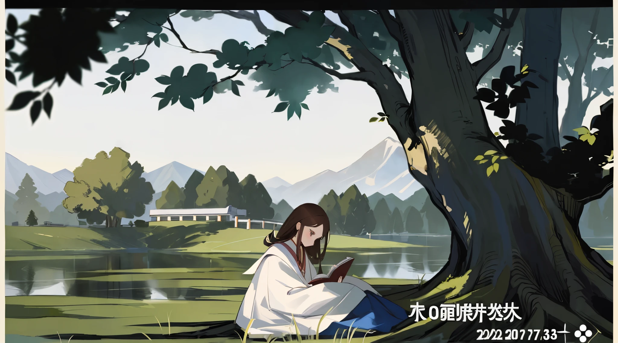 （top down view）,(tmasterpiece:1.3), (Best quality:1.2), (Super beautiful illustrations:1.2), (tmasterpiece), high high quality, high detal,(Alone:1.4),((Circular image)),],There is a woman sitting under the tree reading a book, sittinng on the river, chinese artist, Country girl reading a book,