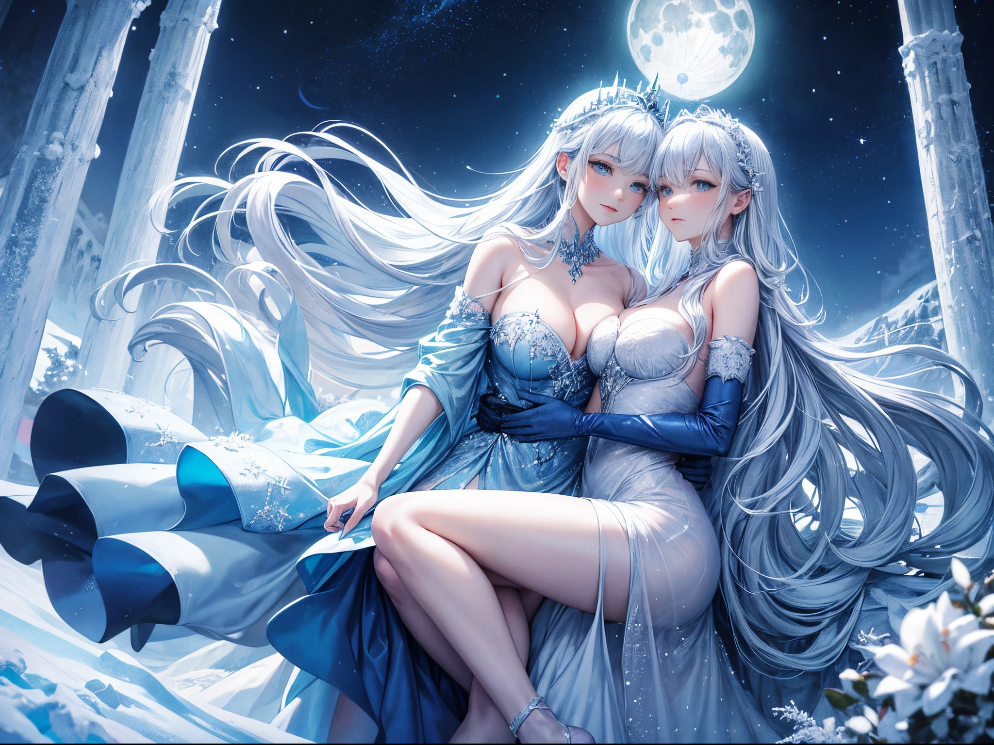 The moon and winter have a secret dance, a frosty tango that crowns the snow-peaked mountains with an icy tiara. The peaceful night wraps the land in a silver silence, making everything glow in lunar beauty. The trees, covered in frost, become majestic sculptures, while the crisp air carries the stillness like a precious gem. The moonlit peaks sparkle with frosty enchantment, painting everything in a dreamy blue hue. The starry sky adds to the magic, making it a winter wonderland that shines with moonbeams. This frozen paradise is like a fairytale, an enchanted land that glows in the moon's embrace. The frozen wilderness is a moonlit frost that blankets the land, transforming it into a land of celestial wonder.