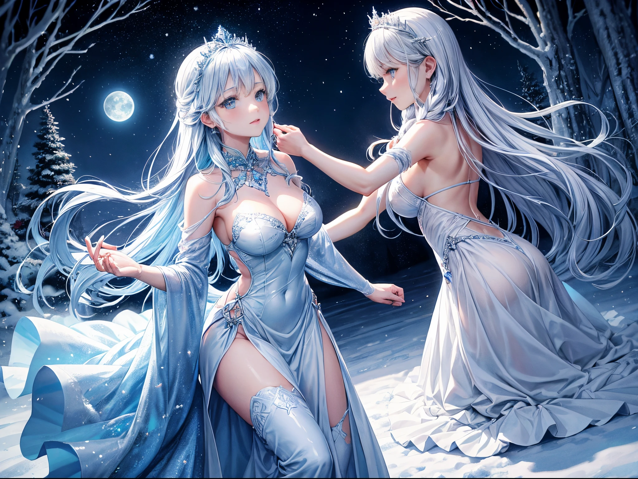 The moon and winter have a secret dance, a frosty tango that crowns the snow-peaked mountains with an icy tiara. The peaceful night wraps the land in a silver silence, making everything glow in lunar beauty. The trees, covered in frost, become majestic sculptures, while the crisp air carries the stillness like a precious gem. The moonlit peaks sparkle with frosty enchantment, painting everything in a dreamy blue hue. The starry sky adds to the magic, making it a winter wonderland that shines with moonbeams. This frozen paradise is like a fairytale, an enchanted land that glows in the moon's embrace. The frozen wilderness is a moonlit frost that blankets the land, transforming it into a land of celestial wonder.