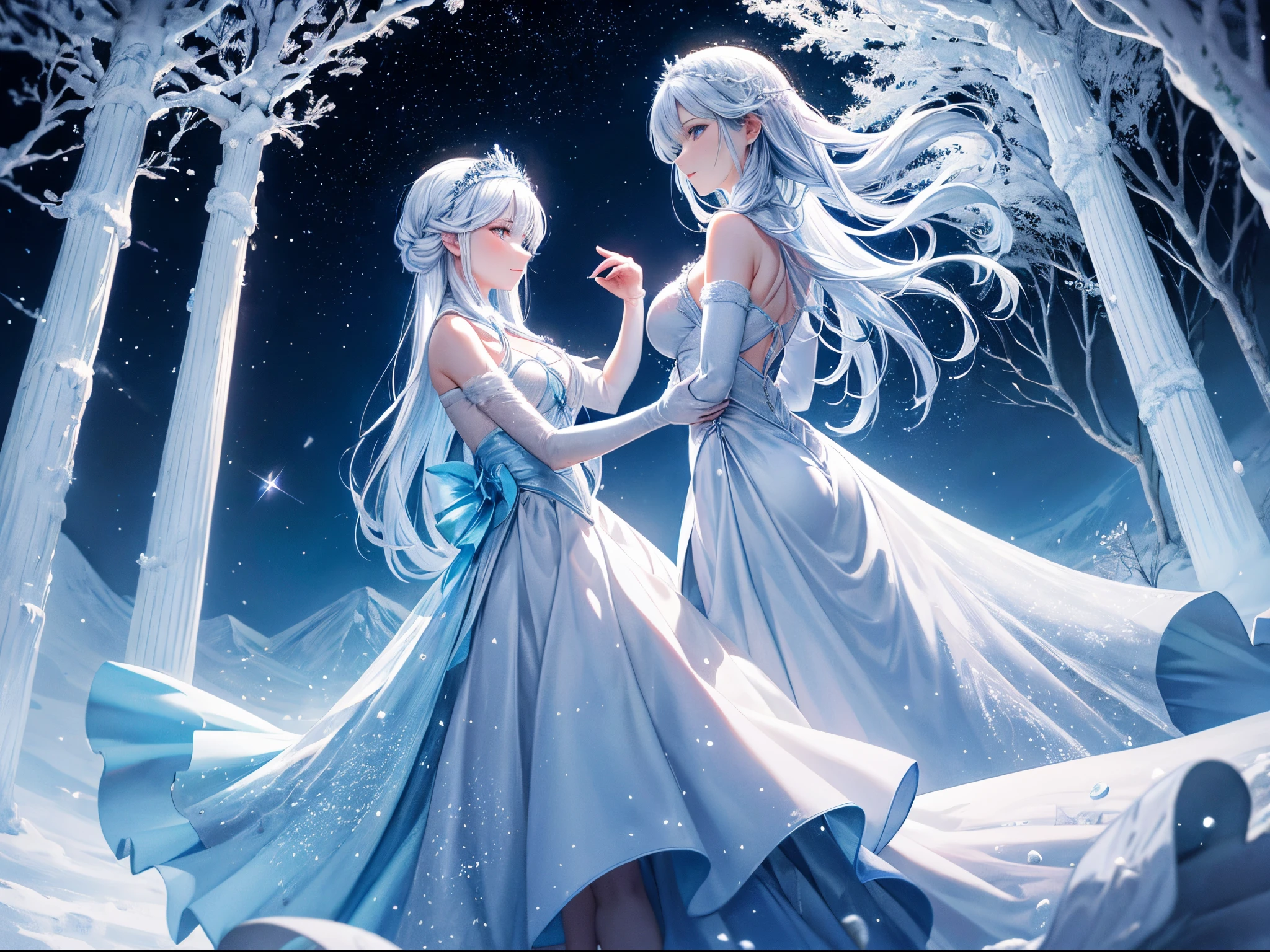 The moon and winter have a secret dance, a frosty tango that crowns the snow-peaked mountains with an icy tiara. The peaceful night wraps the land in a silver silence, making everything glow in lunar beauty. The trees, covered in frost, become majestic sculptures, while the crisp air carries the stillness like a precious gem. The moonlit peaks sparkle with frosty enchantment, painting everything in a dreamy blue hue. The starry sky adds to the magic, making it a winter wonderland that shines with moonbeams. This frozen paradise is like a fairytale, an enchanted land that glows in the moon's embrace. The frozen wilderness is a moonlit frost that blankets the land, transforming it into a land of celestial wonder.