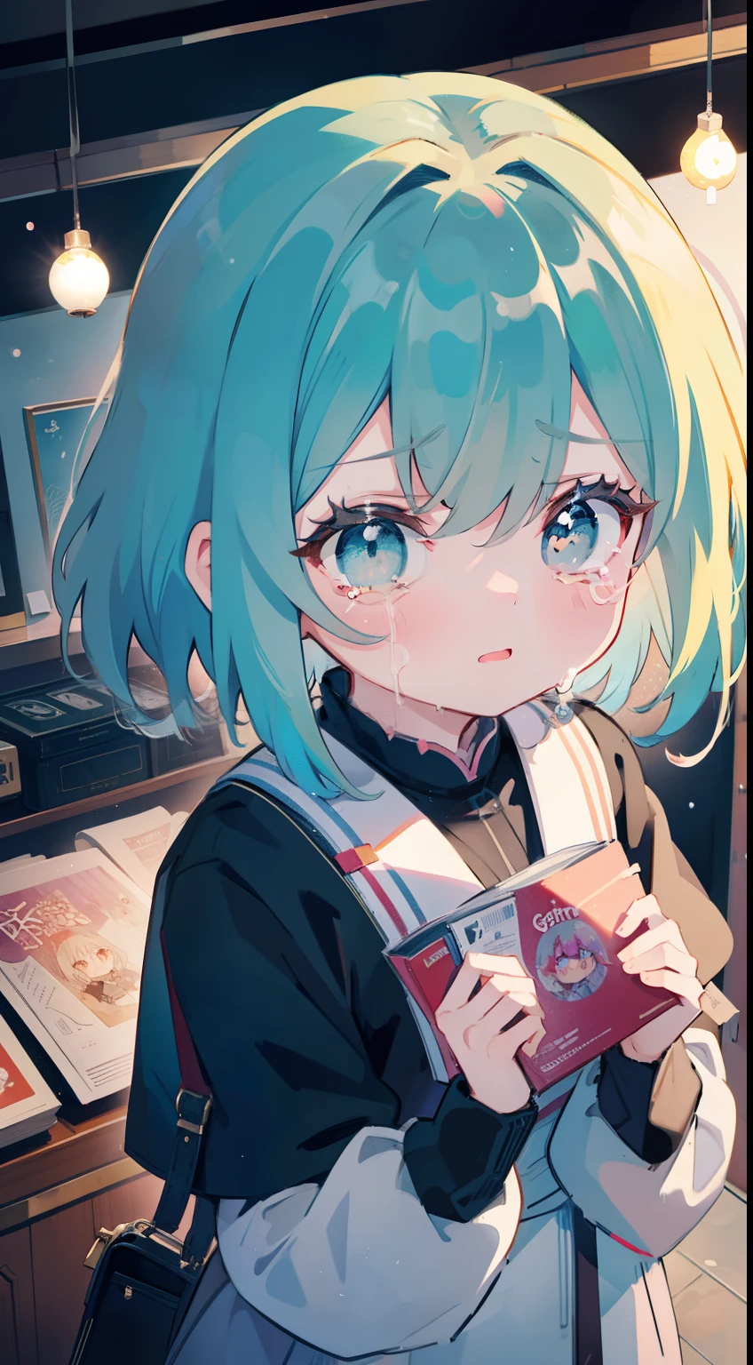 Anime style, 1 girl, overhead view, Looking from above, Crying, teardrops, disappointed, looks at the viewer, Evil, Background Shop, In the store, whims