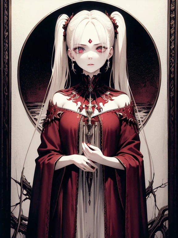 Maiden, round red thread striped black robe, hood, cape, red eyes, long white hair, faint smile, standing posture, full body, mage, holy girl