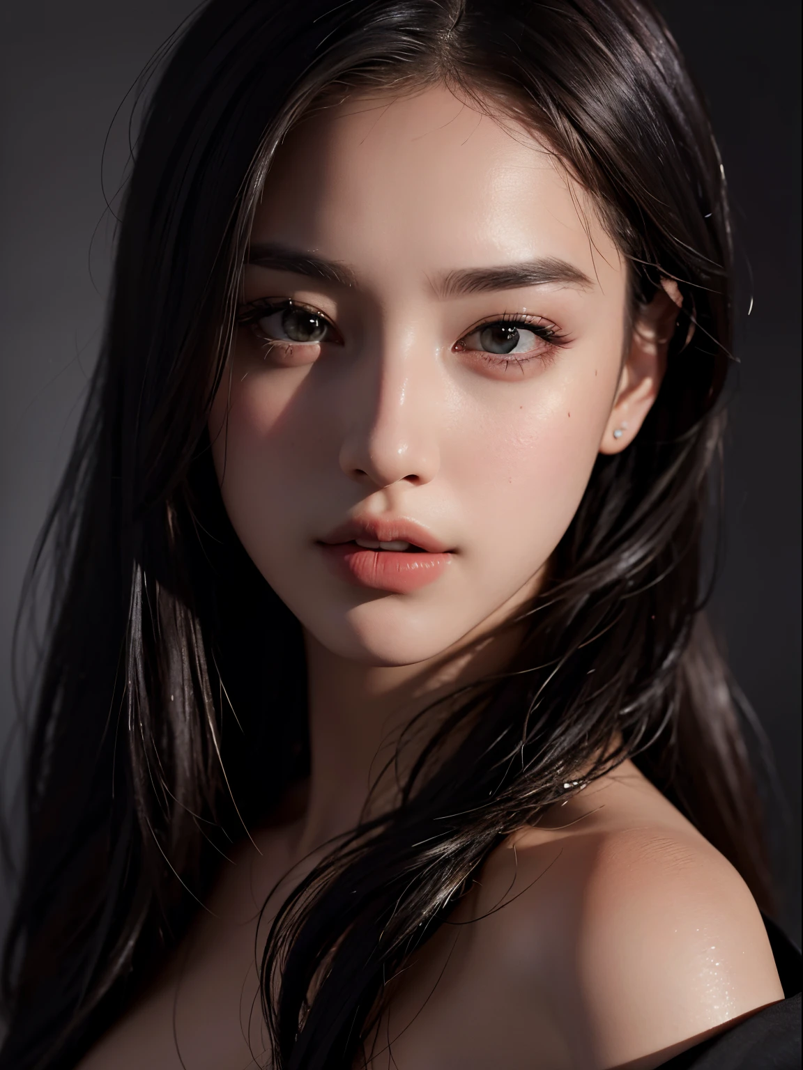 Best quality, masterpiece, ultra high res, (photorealistic:1.4), raw photo, 1girl, offshoulder, in the dark, deep shadow, low key, cold light
