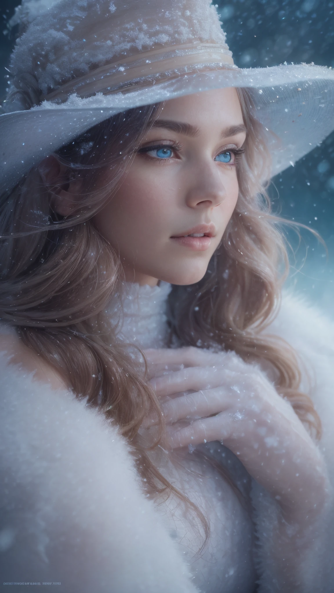 (best quality,4k,8k,highres,masterpiece:1.2),ultra-detailed,(realistic,photorealistic,photo-realistic:1.37), cowboy shot portrait,ice princess,young woman,beautiful detailed eyes,beautiful detailed lips,icy blue eyes,sparkling snowflakes falling around her,pure white snow on her hair,detailed snow crystals,delicate brush stroke painting,cool winter colors,soft pastel tones,subtle shadows,long eyelashes,vivid blue hues,ethereal atmosphere,sharp focus,high-resolution rendering,subtle sheen on the ice crystals,translucent skin,crisp air,dreamy expression,icy landscape in the background,pure white snowy ground,immaculate makeup,subtle blush on her cheeks,luminous complexion,dainty silver tiara on her head,powerful and enchanting presence,graceful pose,subtle glittering highlights on her hair,subtle bokeh lights,soft diffused lighting,dreamlike ambiance, cowboy shot photography.