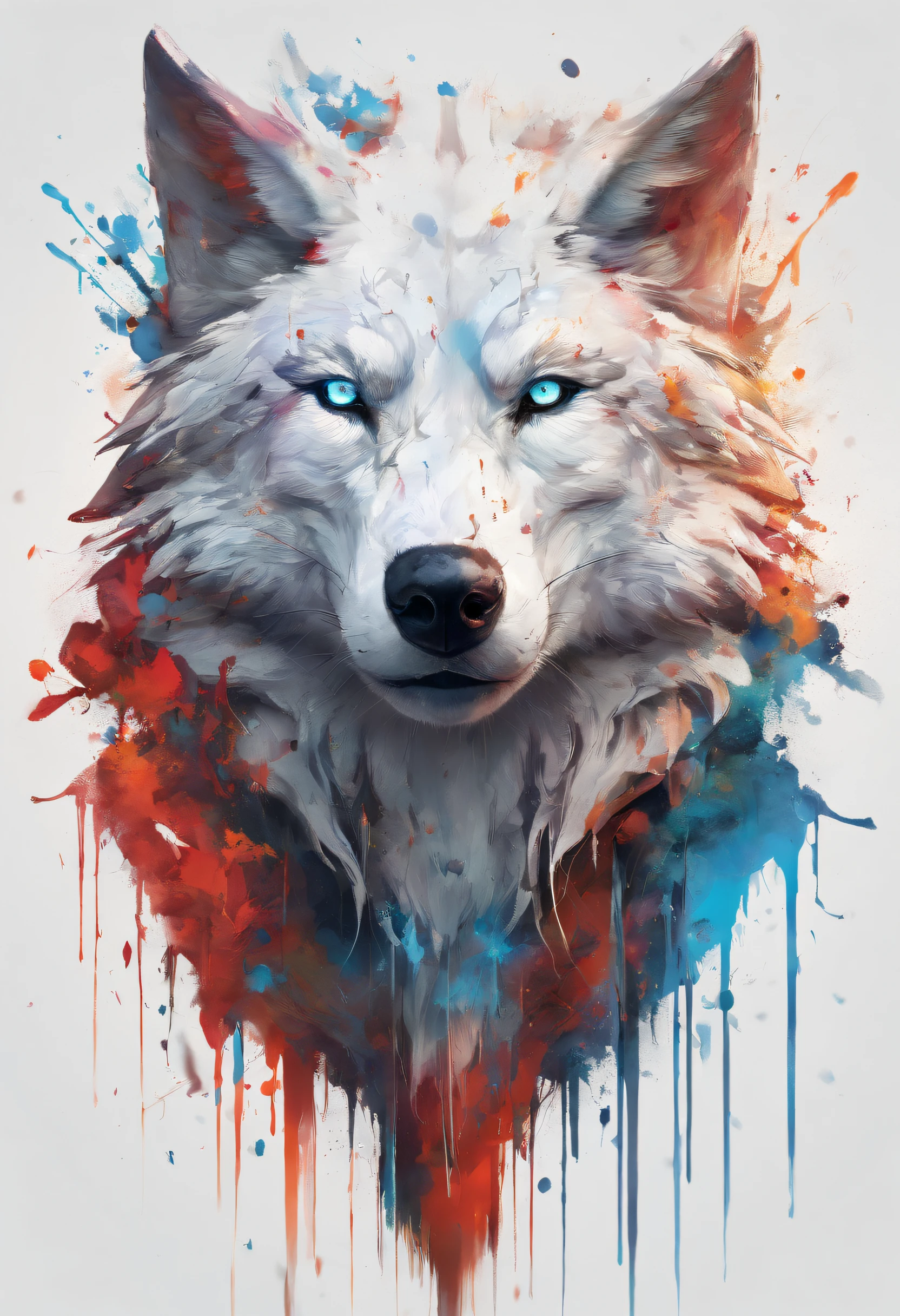 Splash art, a wolf head, ((white background)), piercing eyes, epic Instagram, artstation, splash style of colorful paint, contour, hyperdetailed intricately detailed , unreal engine, fantastical, intricate detail, splash screen, complementary colors, fantasy concept art, 8k resolution, deviantart masterpiece, oil painting, heavy strokes, paint dripping, splash arts