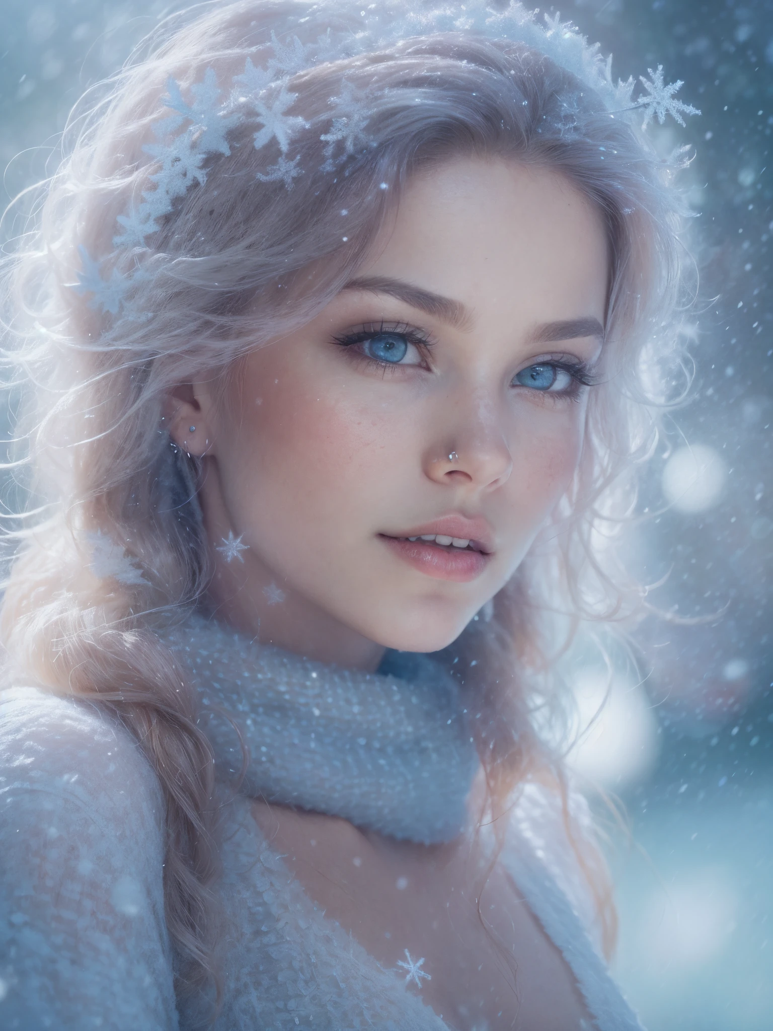 (best quality,4k,8k,highres,masterpiece:1.2),ultra-detailed,(realistic,photorealistic,photo-realistic:1.37),Portraits,ice princess,young woman,beautiful detailed eyes,beautiful detailed lips,icy blue eyes,sparkling snowflakes falling around her,pure white snow on her hair,detailed snow crystals,delicate brush stroke painting,cool winter colors,soft pastel tones,subtle shadows,long eyelashes,vivid blue hues,ethereal atmosphere,sharp focus,high-resolution rendering,subtle sheen on the ice crystals,translucent skin,crisp air,dreamy expression,icy landscape in the background,pure white snowy ground,immaculate makeup,subtle blush on her cheeks,luminous complexion,dainty silver tiara on her head,powerful and enchanting presence,graceful pose,subtle glittering highlights on her hair,subtle bokeh lights,soft diffused lighting,dreamlike ambiance,portrait photography.