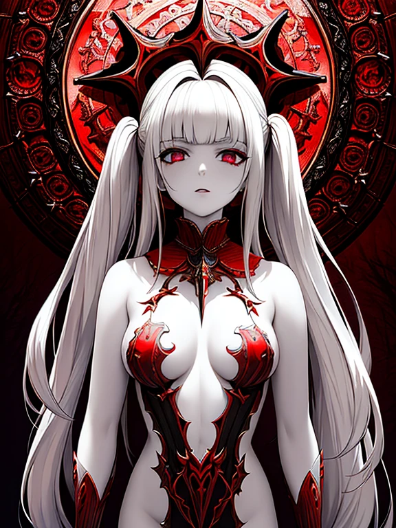 pale young divine gothic priestess, twintails, pure white skin, rust decay, Beautiful full body symmetrical portrait, Delicate blonde hairstyle, crimson eyes, dark red elegant gothic armor, encrusted with red gems, dark cathedral, masterpiece, Highest image quality, super detailing, upscaled, art by Zdzislaw Beksinski, art by H.R. Giger, absurdres, highres, (official art, beautiful and aesthetic:1.2), real, 4k, 8k,