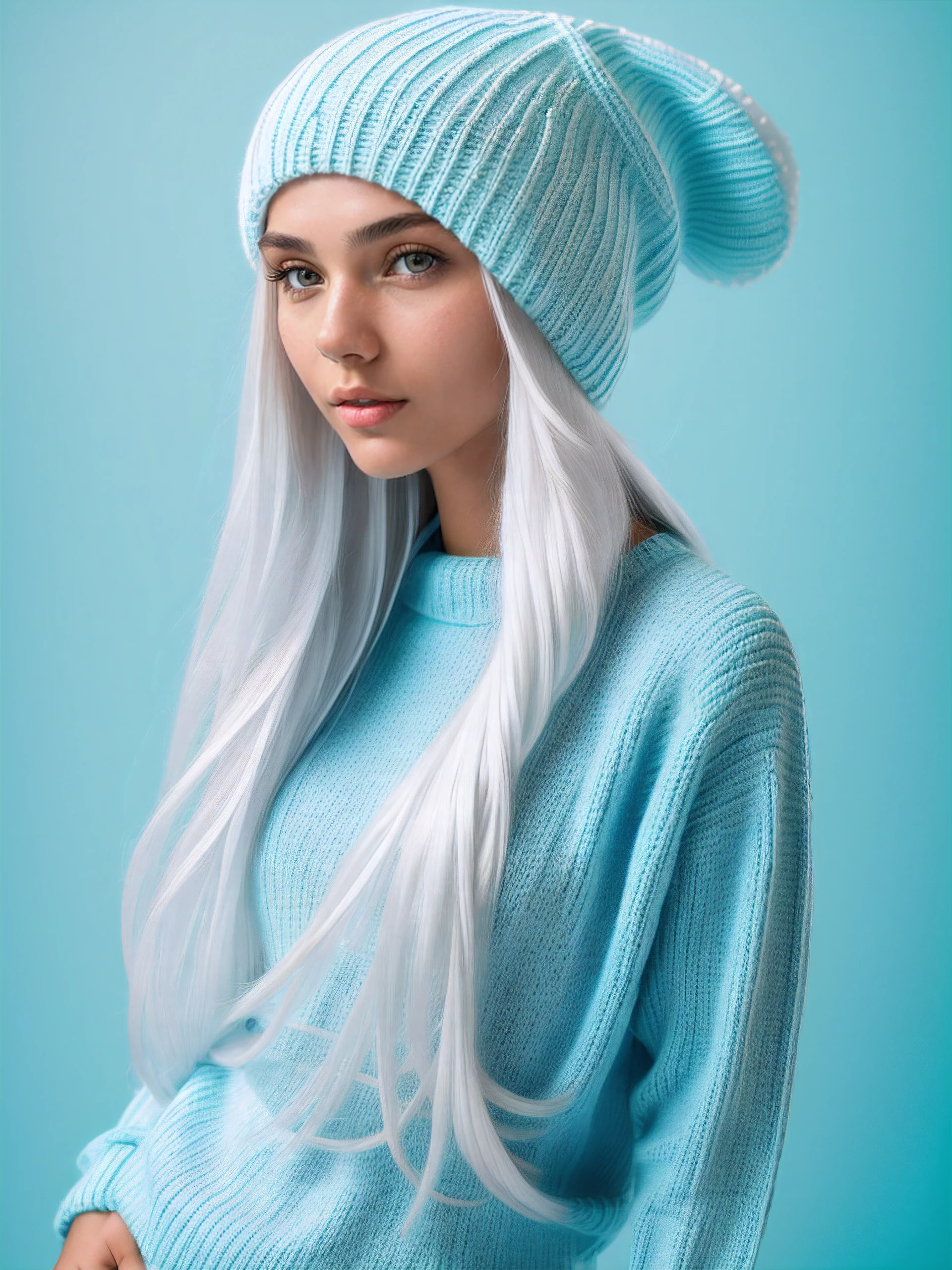 (Full body)), Low angle, photo Beautiful girl 18 years old, White long hair, Knitted hat, fine face, (Cyan eyes), knitted sweater, Sexy, Posing, shapely thighs,
