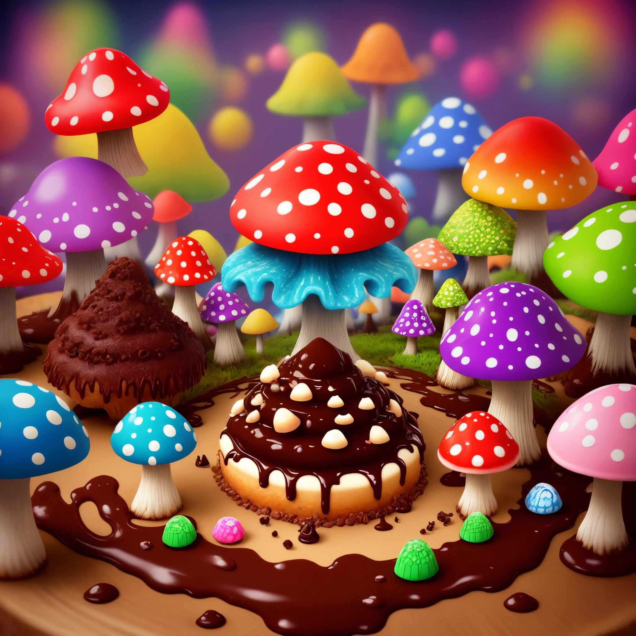 Mushroom, chocolate, bright, trippy, psychedelic, candy, fairies