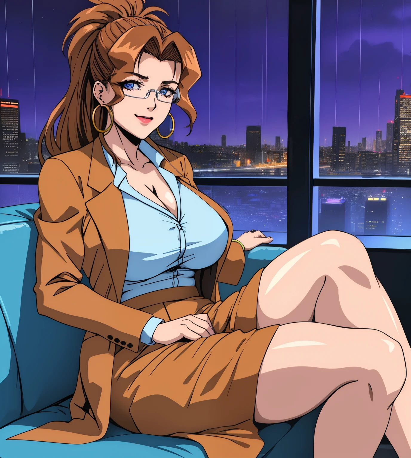 (highres, best quality:1.3), intricate details, vibrant image, colorful, 1990s \(style\), extremely datailed background, 
KarenVenus, solo, 1girl, mature female, milf, (full body:1.1), sitting on couch, crossed legs, cityscape, city lights, night, rain, window,
, naughty face, flirting, seductive smile, brown hair, long hair, hair bun, makeup, blue eyes, perfect eyes, perfect face, detailed face, hoop earrings, glasses,
brown jacket, shirt, (long skirt:1.2), pantyhose, high heels, 
(curvy:1.1), medium size breasts, cleavage, thighs,