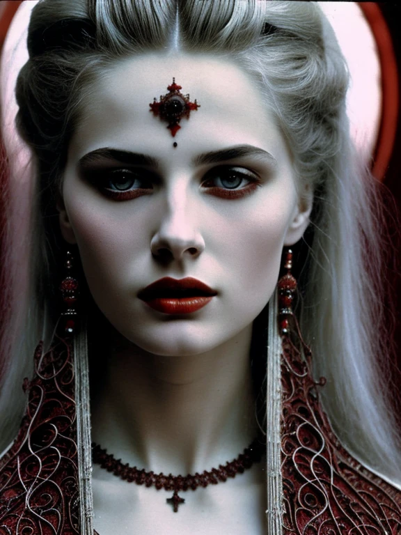 pale young divine gothic priestess, twintails, pure white skin, rust decay, Beautiful full body symmetrical portrait, Delicate blonde hairstyle, crimson eyes, dark red elegant gothic armor, encrusted with red gems, dark cathedral, masterpiece, Highest image quality, super detailing, upscaled, art by Zdzislaw Beksinski, art by H.R. Giger, absurdres, highres, (official art, beautiful and aesthetic:1.2), real, 4k, 8k,