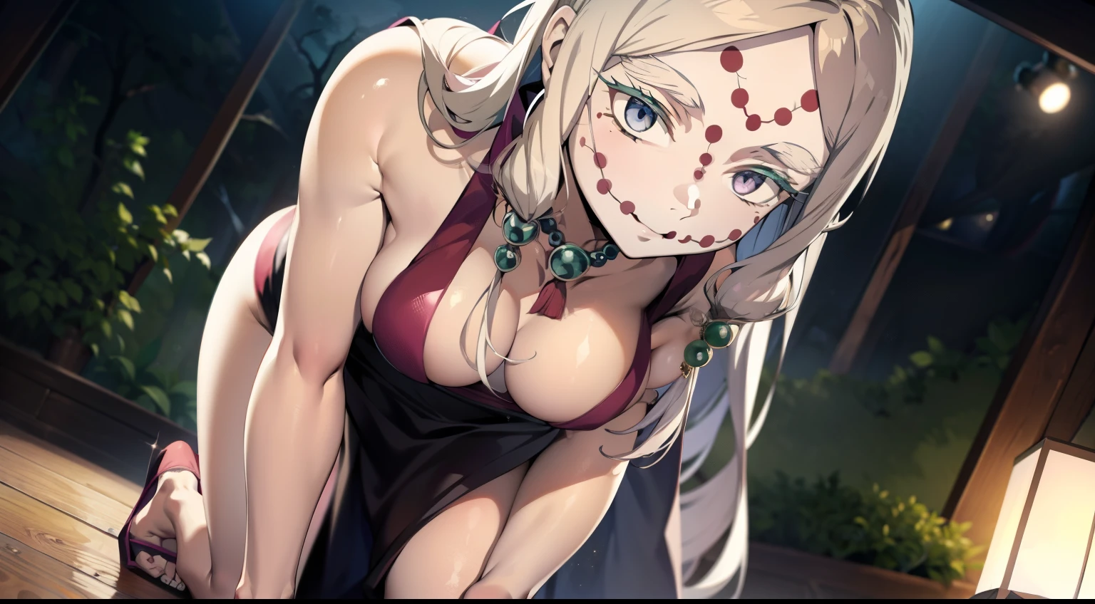 One Demon Girl, is looking at the camera, Beautiful waist, Hands Behind Your Back, Keeps his hands behind his back, leans forward, beautiful body is completely visible, Masterpiece, Best Quality, in full height (Body Full 1.1.), Beautiful waist, nice feet, hiquality, Highly detailed face, Depth of field, HDR, Very detailed, Ray Tracing, full - body, Dark Fantasy, Demon Tattoo, Ultra Beautiful, lovely small breasts. white colored hair,Transition to red, pale skin, woods, Night Forest, moon light, Beautiful figure, taut clothes, black cape on pink kimano, Lovely Medium Breasts, Smiling, gray eyes, handsome body, sexy clothes, Beautiful eyes, very detailed eyes, Very detailed face, handsome body, Cherecter Desing, Very detailed, Detailed body, Detailed hands, Detailed, Vibrants, Detailed Face, sharp-focus, WLOP, artgerm, anime art, Vibrants, Detailed Face, Hugh Details, sharp-focus, Very drooping face, A detailed eye, super fine illustration, better shadow, finely detail, Beautiful detail