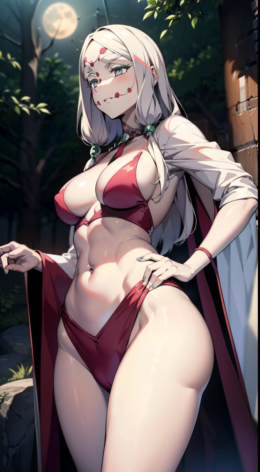One Demon Girl, is looking at the camera, Beautiful waist, Hands Behind Your Back, Keeps his hands behind his back, leans forward, beautiful body is completely visible, Masterpiece, Best Quality, in full height (Body Full 1.1.), Beautiful waist, nice feet, hiquality, Highly detailed face, Depth of field, HDR, Very detailed, Ray Tracing, full - body, Dark Fantasy, Demon Tattoo, Ultra Beautiful, lovely small breasts. white colored hair,Transition to red, pale skin, woods, Night Forest, moon light, Beautiful figure, taut clothes, black cape on pink kimano, Lovely Medium Breasts, Smiling, gray eyes, handsome body, sexy clothes, Beautiful eyes, very detailed eyes, Very detailed face, handsome body, Cherecter Desing, Very detailed, Detailed body, Detailed hands, Detailed, Vibrants, Detailed Face, sharp-focus, WLOP, artgerm, anime art, Vibrants, Detailed Face, Hugh Details, sharp-focus, Very drooping face, A detailed eye, super fine illustration, better shadow, finely detail, Beautiful detail