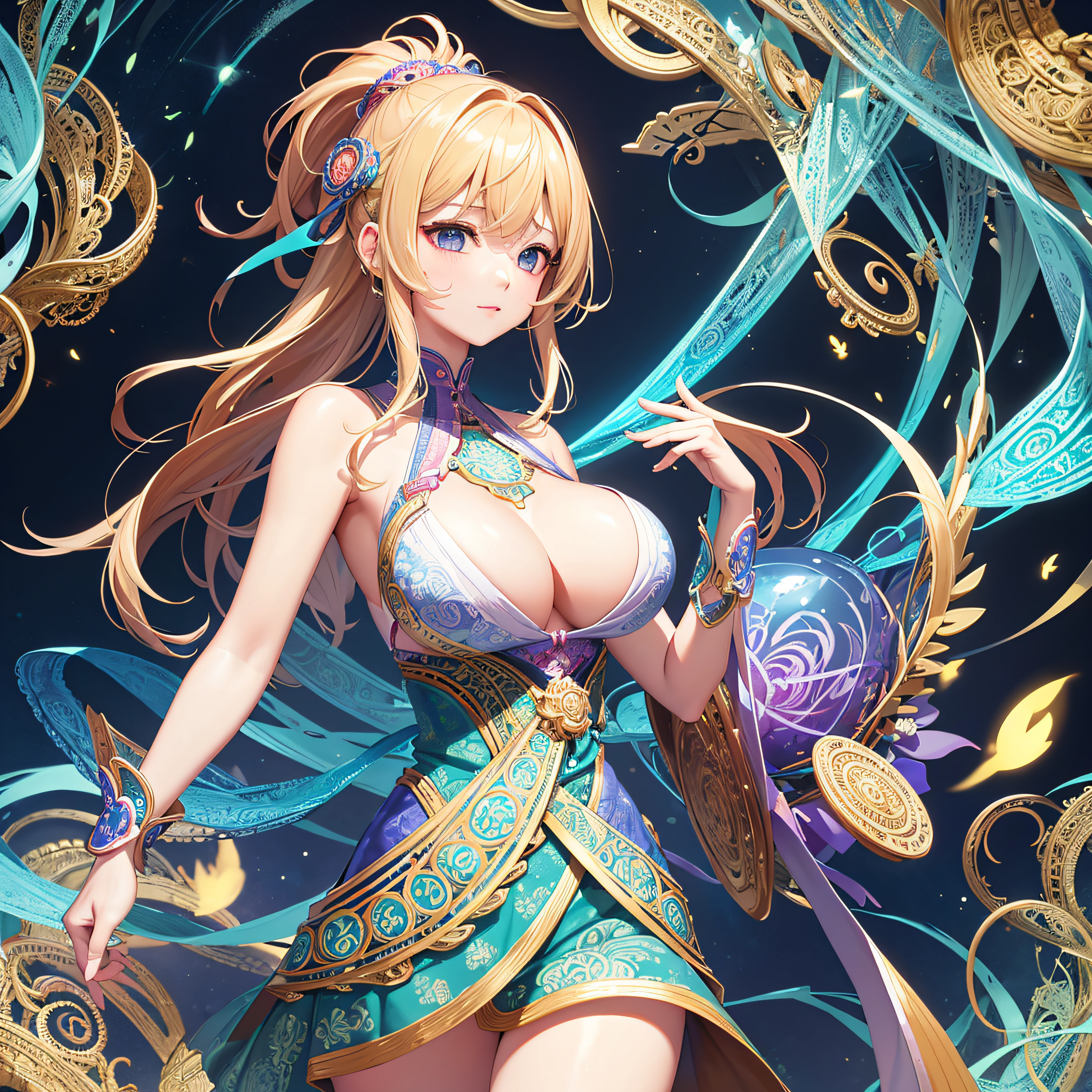 Official art, Unity 8k壁纸, ultra-detailliert, Beautiful and aesthetic, masutepiece, Best Quality, (Zentangle, mandalas, Tangle, Entangle), (Fractal Art:1.3) , 1girl in, Big Breast, Extremely detailed, Dynamic Angle, cowboyshot, Most Beautiful Form of Chaos, Elegant, a brutalist designed, vivd colour, romanticism, Atmospheric, ecstasy of musical notes, streaming musical notes visible
