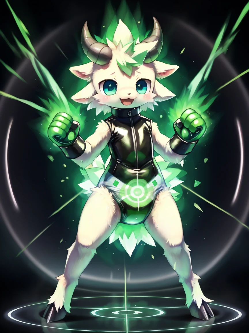 ((by wadorigi on Twitter)(Lamb)), pokemon, kid proportions, cute, adorable  , thin thighs, hooves,  upper limb hooves, light green fur, horns made of emerald , ( glowing green swirling whirlwind effect), green swirling whirlwind  of magic, wearing soggy messy diaper leotard straitjacket, (leather cube shaped padded  fist mitts), leather wrist cuffs,  metallic circle frame on floor, standing, in laboratory