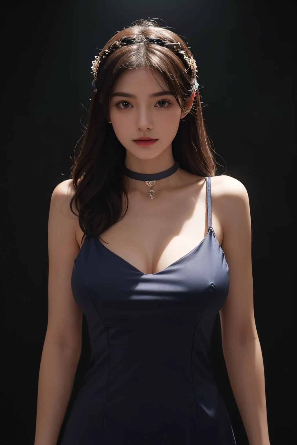 Best quality at best, tmasterpiece, A high resolution, 1个Giant Breast Girl,Chinese dress,hair adornments,choker necklace, jewely,pretty face,above_body, dingdall effect,realisticlying, dark studio, edge lit, two color lights,(highdetailskin:1.2), 8k ultra high definition, SLR camera, gentlesoftlighting, high qulity, Volumetriclighting, Frankness, photore, A high resolution, 4K, 8K, bokeh, .Jinstyle, buliding