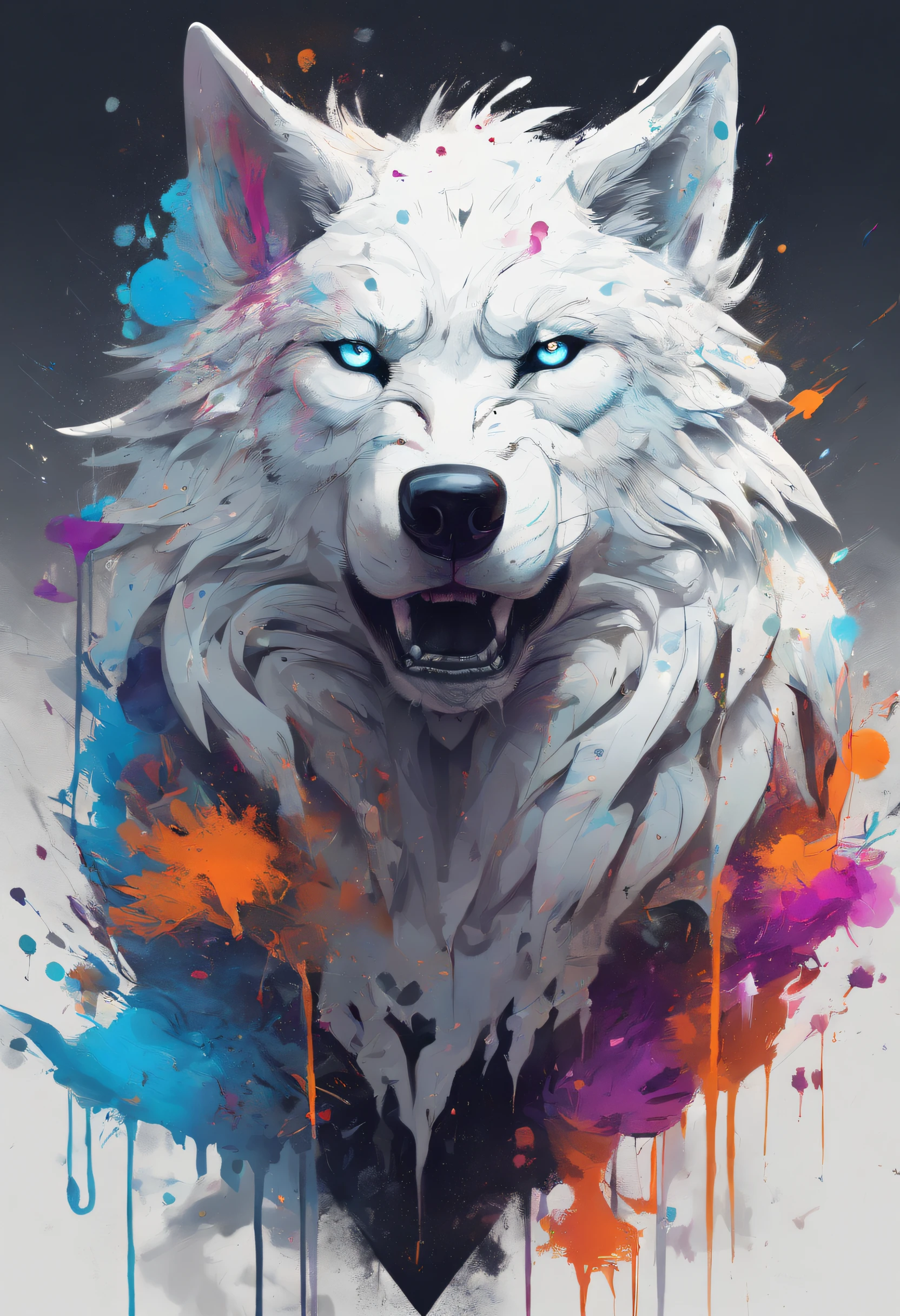 Splash art, a wolf head, ((white background)), piercing eyes, epic Instagram, artstation, splash style of colorful paint, contour, hyperdetailed intricately detailed , unreal engine, fantastical, intricate detail, splash screen, complementary colors, fantasy concept art, 8k resolution, deviantart masterpiece, oil painting, heavy strokes, paint dripping, splash arts