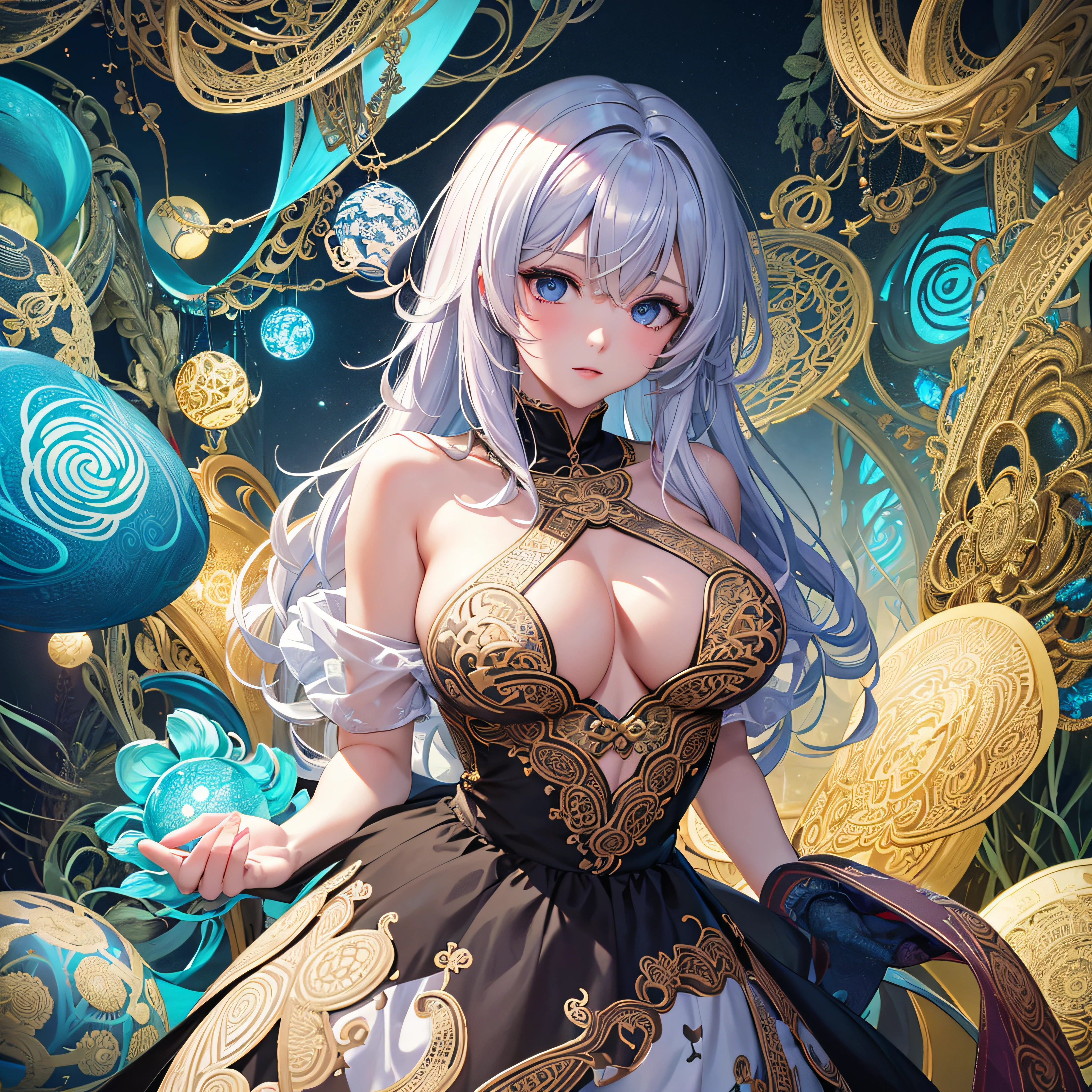 Official art, Unity 8k壁纸, ultra-detailliert, Beautiful and aesthetic, masutepiece, Best Quality, (Zentangle, mandalas, Tangle, Entangle), (Fractal Art:1.3) , 1girl in, Big Breast, Extremely detailed, Dynamic Angle, cowboyshot, Most Beautiful Form of Chaos, Elegant, a brutalist designed, vivd colour, romanticism, Atmospheric, ecstasy of musical notes, streaming musical notes visible