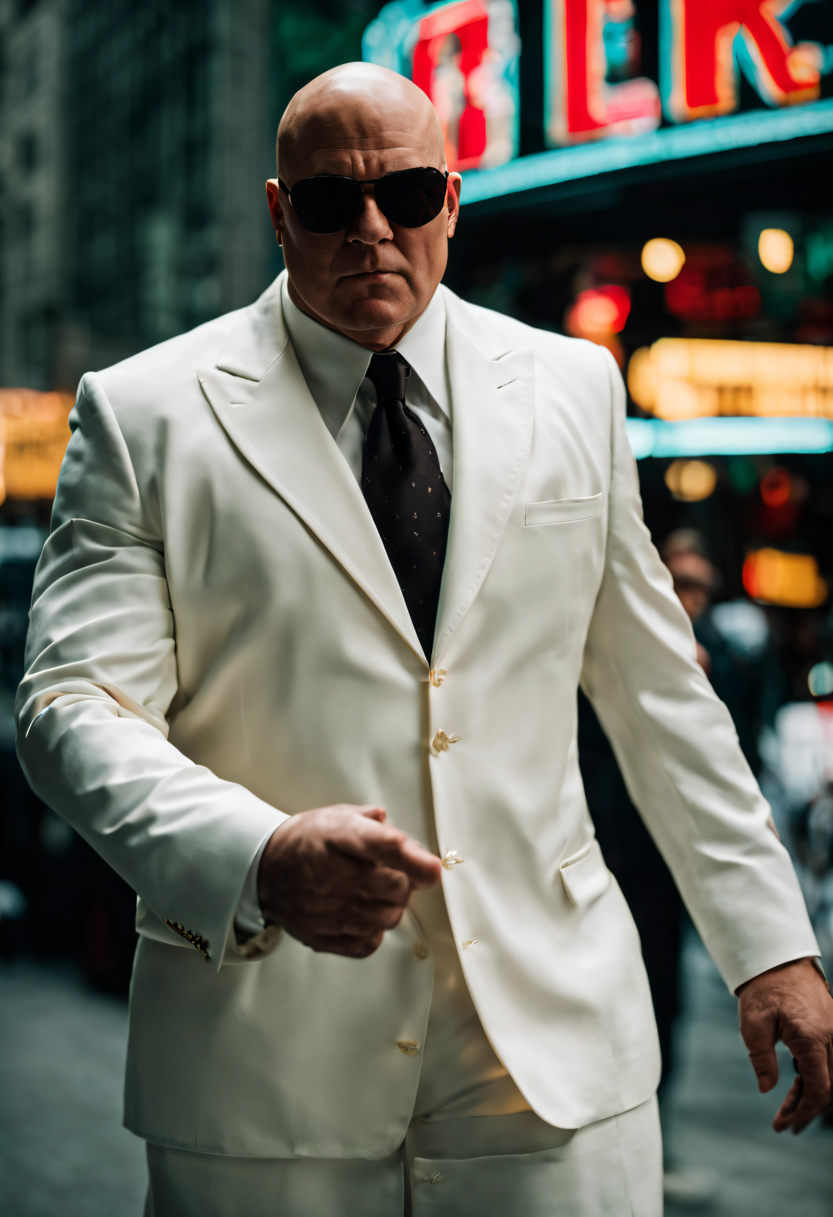 cinematic photo a kingpin of crime As Kingpin/Wilson Fisk, a powerful mob boss in New York City and a thorn in the side of Spider-Man, Daredevil, and other heroes., Bald head and white suit, reflecting his cool demeanor and control over the criminal underworld. . 35mm photograph, film, bokeh, professional, 4k, highly detailed