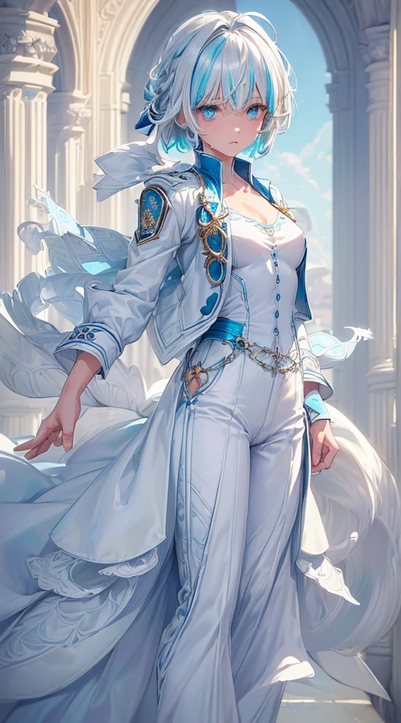 (top-quality、in 8K、32K, (Masterpiece, Slim Body, Delicate Fingers: 1.2), Best Quality, (Illustration: 1.2), (Hyper Detail), Eye Focus, Ultra Detail, (Fine Detail), (Intricate Detail), HDR, (Ultra Detail: 1.15), (Soft Light: 1.2), (1 girls), Wear, ((nobility lady cloth), neat outfit, (costume with blue accents: 1.2), (white shirt) , (blue jacket: 1.3), (medium long white pant: 1.2) (White hair and blue highlights),cyan eyes, teenager, embarrassed face, medium, short hair, solo, multicolored hair, ahoge, (small breasts:1.2), high quality, best quality, full body image, sweat,