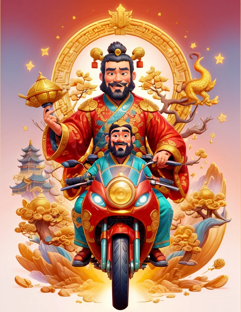 pixar style, (long shot: 1.8), (Chinese - chic Chinese mythological God of Wealth, anatomically correct, oriental elements), (a cute God of Wealth riding an e-bike with a gold ingot in his hand, Treasures Follow), (China - Stylish Illustration: 1.5, Vector Drawing: 1.5), (Chinese Colors, Advanced Color Matching, Gradient Background, White Background: 1.5), (Very Detailed, Well Designed, Clear Lines, High Definition, Best Quality, Masterpiece, Official Art, Cinematic Lighting Effects, 8K)