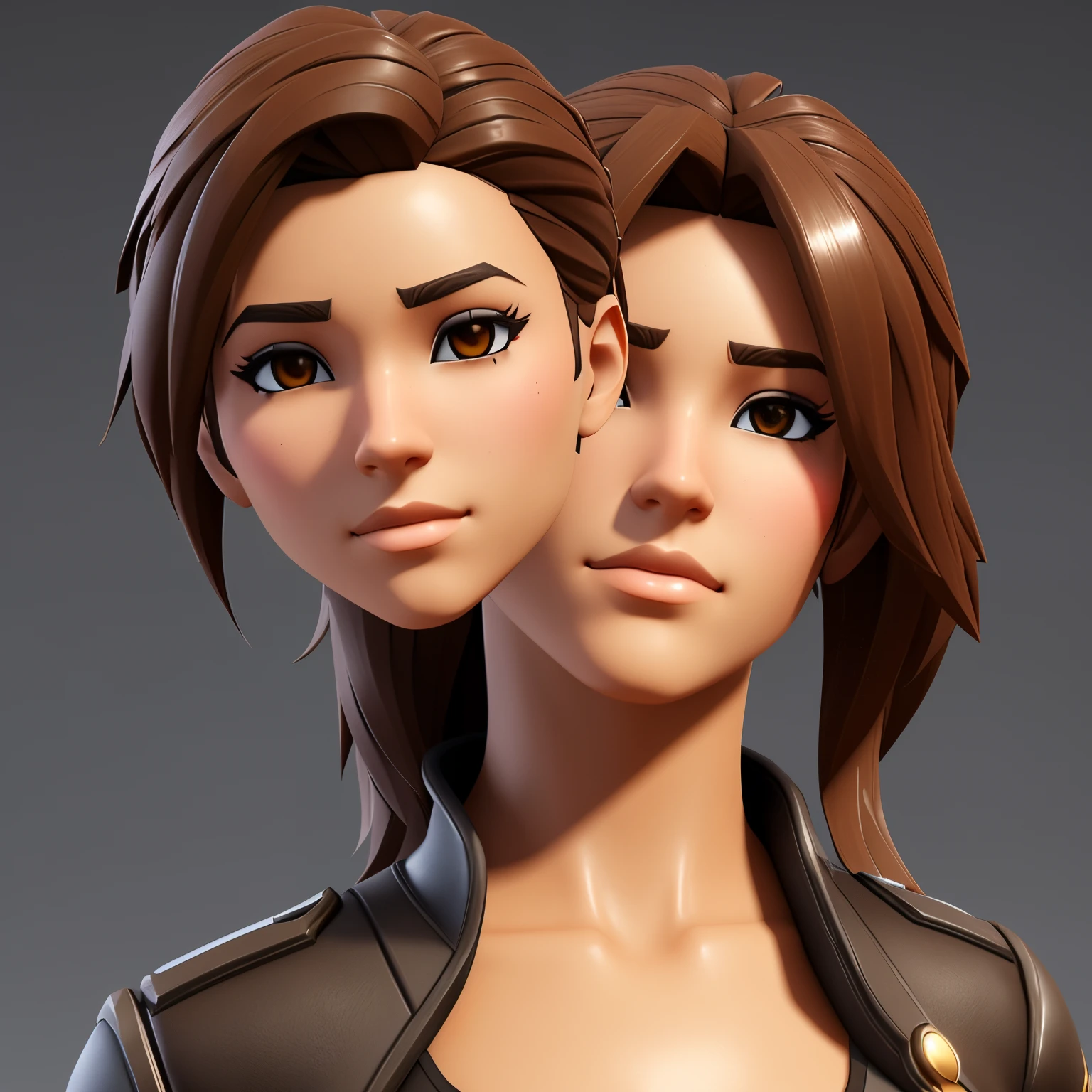 female 3D Fortnite skin with brown hair, dark brown eyes, pretty, solid background