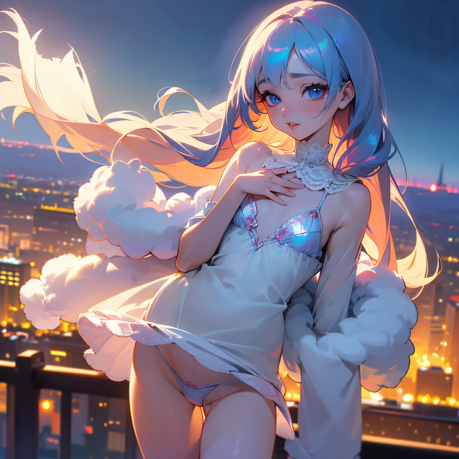 super high quality, (8k, RAW photo, realistic), cute woman, amorous expression, lewd expression, shining blue big eyes, (flat chest:1.5), slender, red big thick lips, wearing (cute casual and loose fluffy girly knit clothes), sexy lace lingerie, skirt lift, background night observatory, (magnificent view:1.5), iridescent, professional flare lighting