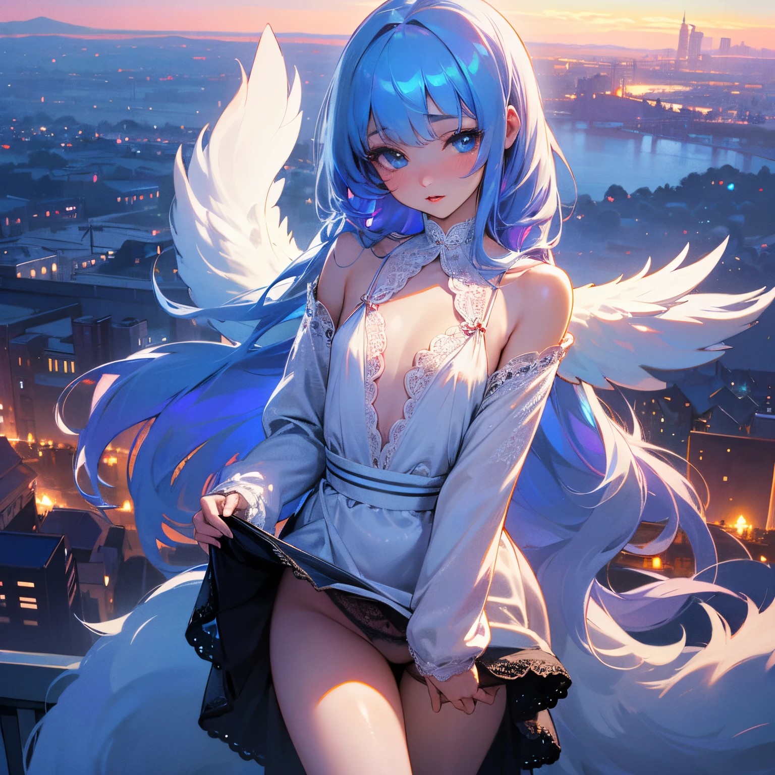 super high quality, (8k, RAW photo, realistic), cute woman, amorous expression, lewd expression, shining blue big eyes, (flat chest:1.5), slender, red big thick lips, wearing (cute casual and loose fluffy girly knit clothes), sexy lace lingerie, skirt lift, background night observatory, (magnificent view:1.5), iridescent, professional flare lighting