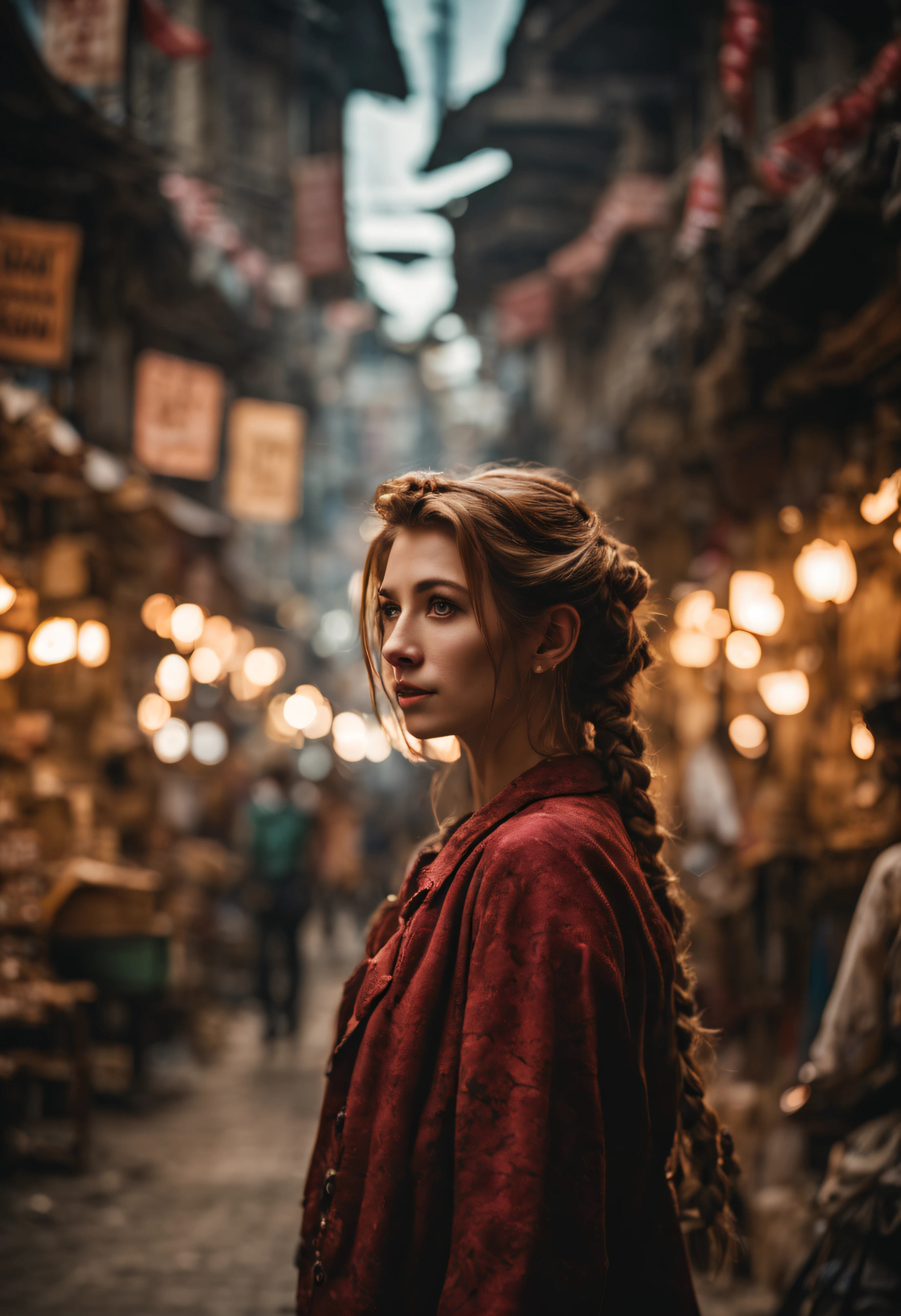 cinematic photo a protective (woman) As Aerith Gainsborough, guiding Cloud through the dangerous alleys of the Wall Market, her staff glowing with protective magic., Hair delicately tucked behind her ear, revealing her nurturing side amidst the chaos., . 35mm photograph, film, bokeh, professional, 4k, highly detailed