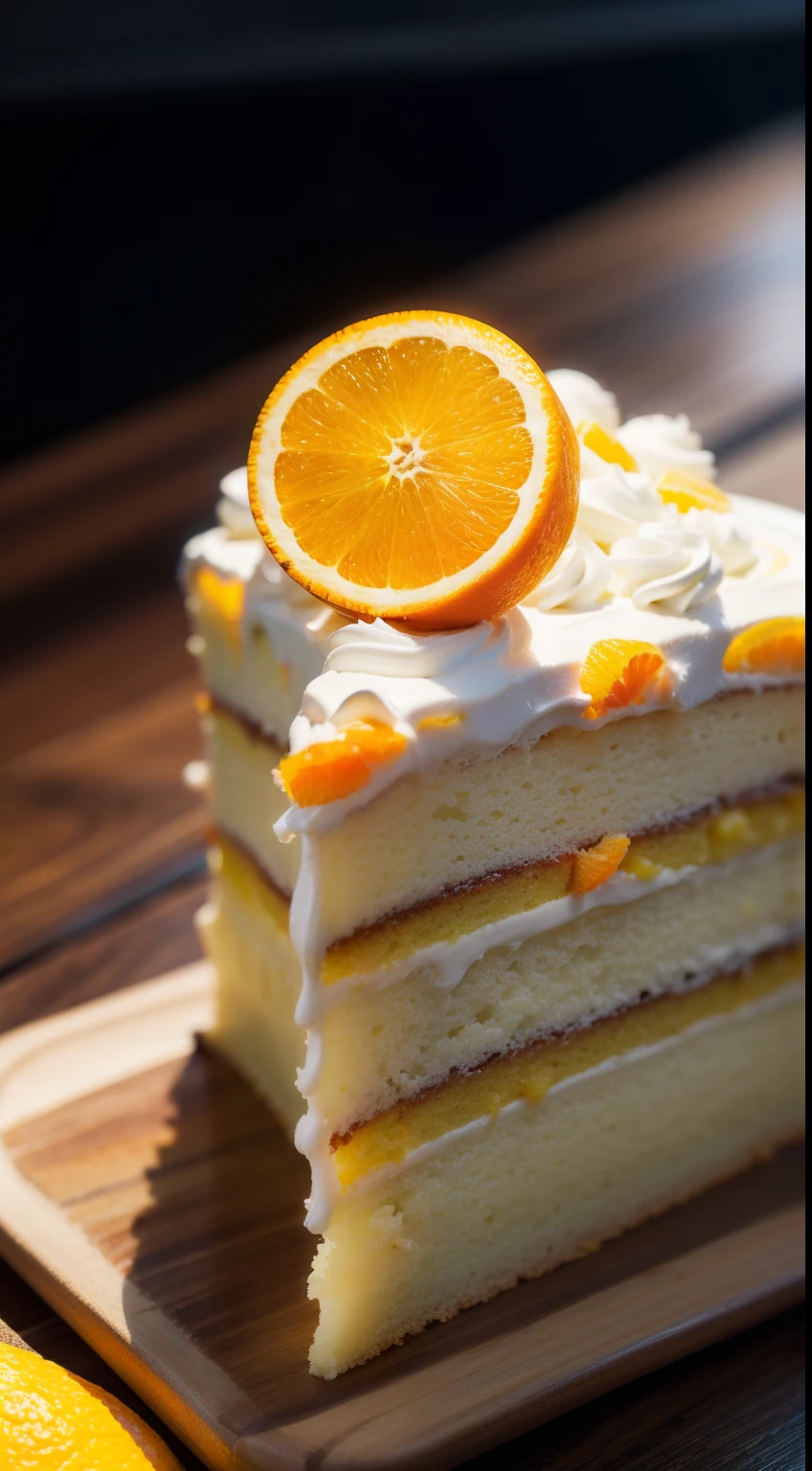 (high quality masterpiece: 1.5), striped slice of orange cake, (orange on top, orange zest), Mug with coffee, side view, photorealistic, high details, intricate, sharp focus, 8K, HD, Full-HD, Ultra-HD, Super-Resolution, Megapixel, subsurface scattering, edge lighting, edge light, edge lighting, best lighting, refreshing, Lumen reflections, screen space reflections, Post-processing, Post-production, TXAA, De-Noise, shaders