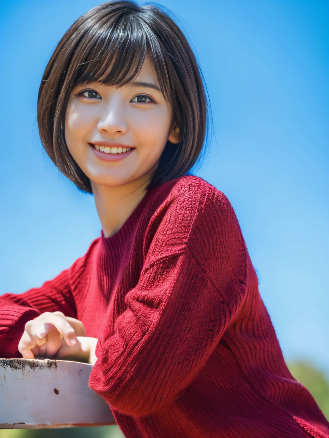 (masutepiece:1.3), (8K, Photorealistic, Raw photo, Best Quality: 1.4), (1girl in), Beautiful face, (Realistic face), (Black hair, Short hair:1.3), Beautiful hairstyle, Realistic eyes, Beautiful detailed eyes, (Realistic skin), Beautiful skin, (Sweaters), absurderes, Attractive, 超A high resolution, A hyper-realistic, Highly detailed, Golden ratio，beautiful woman under the blue sky，Smiling and looking at camera，RED dress，