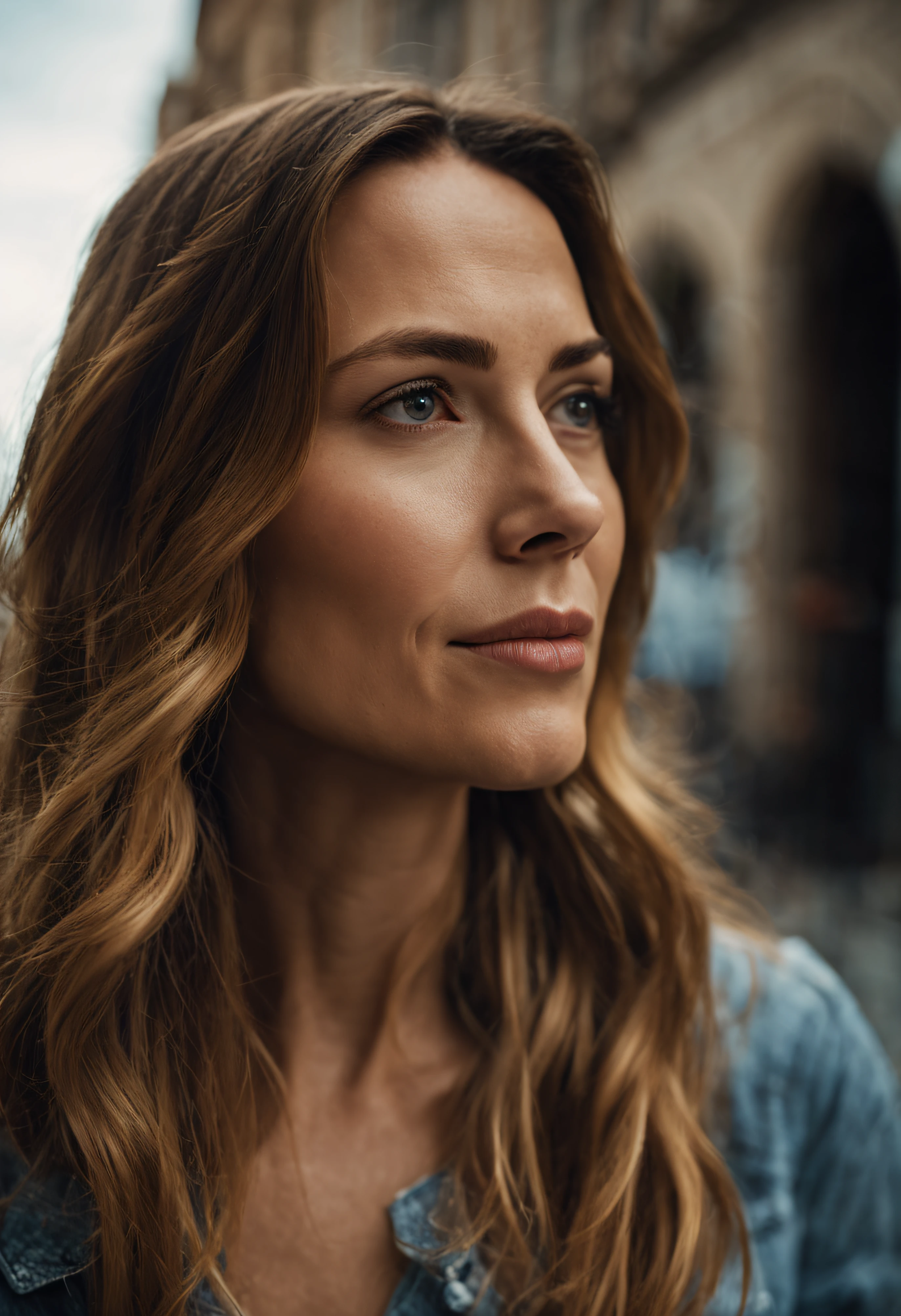 cinematic photo Mid-shot portrait of a beautiful (woman) in her 30s , with long hair, candid street portrait in the style of Martin Schoeller award winning, Sony a7R . 35mm photograph, film, bokeh, professional, 4k, highly detailed