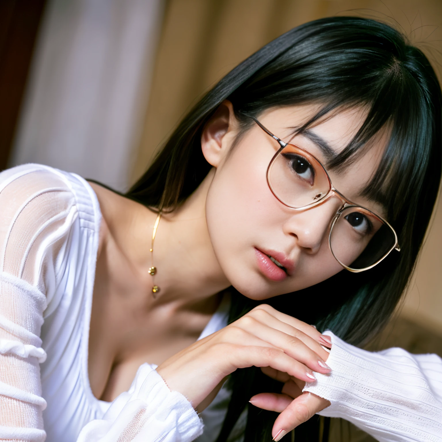 Best-quality, Masterpiece, Ultra-High-Resolution, (Photorealistic:1.4), Raw-Photo, Extremely-Details, Perfect-Anatomy,
at midnight, in bedroom,
1girl, 18-years-old, the most famous Japanese model,
smoking marijuana, feeling exstacy,
wearing only white luxurious long-sleeve-blouse with frills and stylish glasses,
detailed extremely beautiful face like a most popular Japanese model, detailed extremely beautiful big black solid circle eyes, detailed extremely beautiful hair, detailed extremely beautiful realistic white skins, detailed extremely beautiful big breasts, detailed realistic five fingers,
detailed white luxurious long-sleeve-blouse with frills, detailed stylish glasses, detailed marijuana