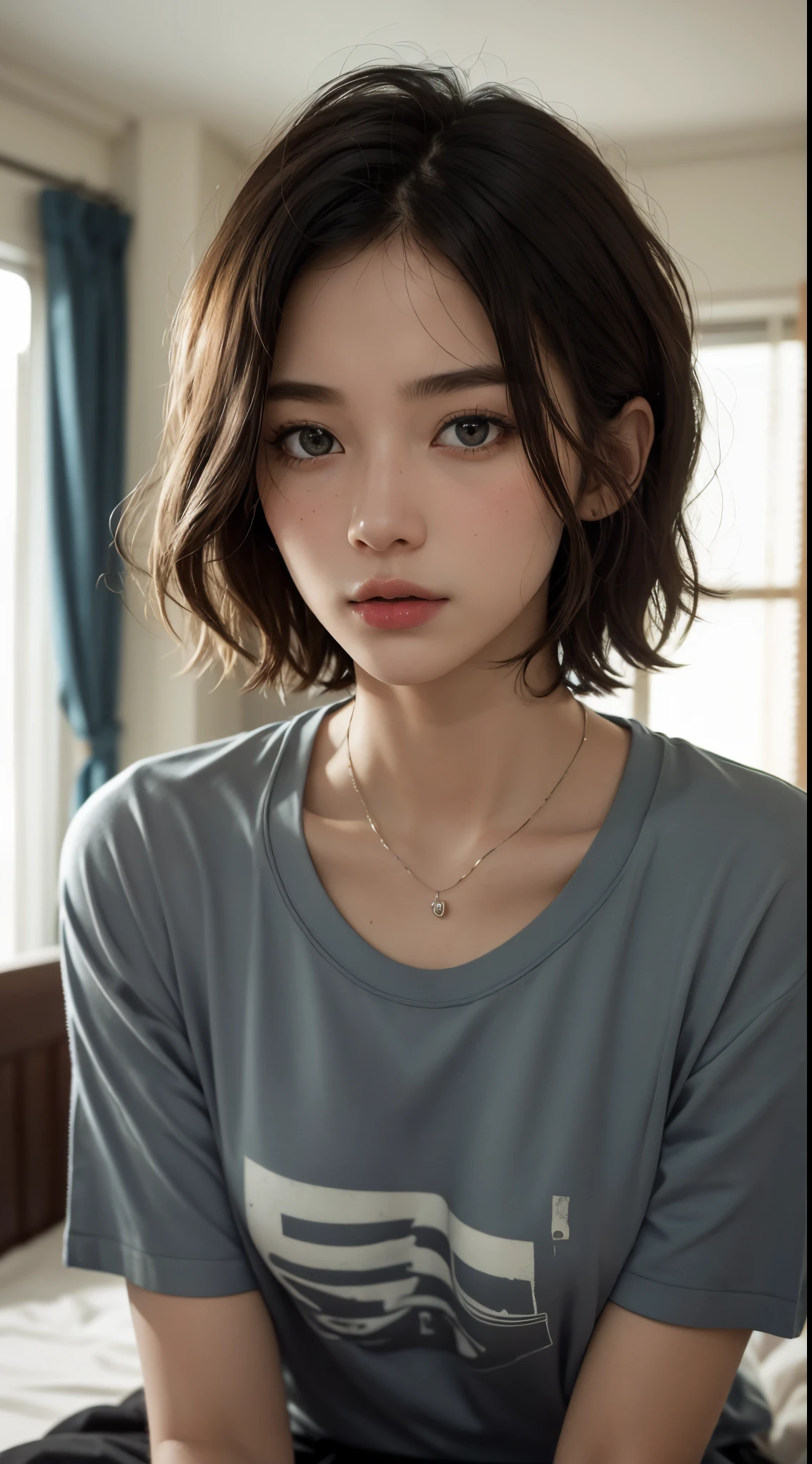masterpiece, best quality, realistic, highly detailed, 1girl, solo, (body shot), different eyes color, short hair, black hair, glasses, large breast, ((T-shirt)), Lying in bed, Lips pierced, tatto on neck, beautiful girl, A tomboy face, Flat face without expression, bedroom background, detail eyes, detail hair, perfect lighting