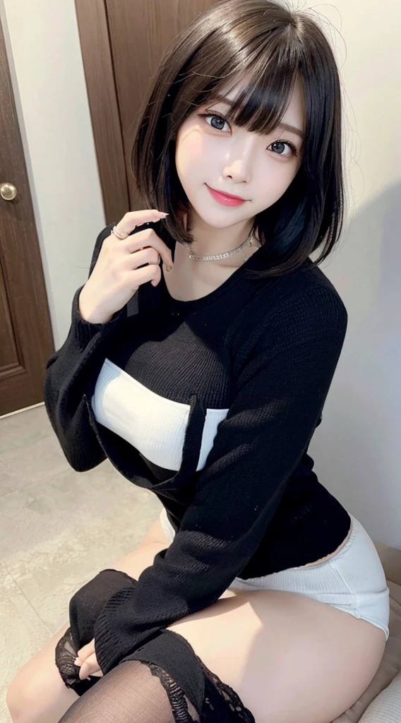 Smaller face、big eye、childish、huge-breasted、big breasts thin waist、(short-hair、Sit with your legs open)、big butts、A smile, hight resolution, hightquality, , 超A high resolution, Best Quality, Realistic, photographrealistic, ultra-detailliert,Raw photo, ulzzang-6500,ulzzang -6500-v1.1, (Rocket chest,Clothes that show cleavage、huge-breasted) ,(Narrow waist,curvy thighs, Narrow calves), (agitation,lightsmile),makeup, Beautiful detailed eyes,White skin,Clear skin,Fair skin,A detailed face,Symmetrical eyes,)(Shiny skin), (Black eyes,Beautiful black hair),Cute clothes
