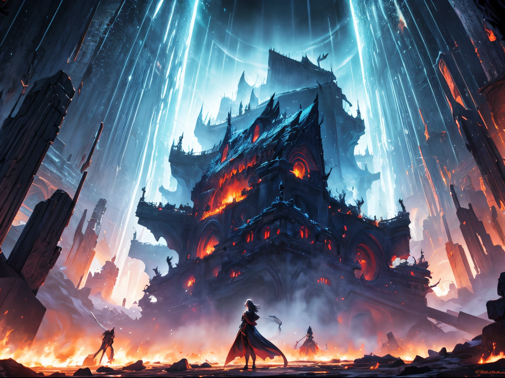 In a world cloaked in shadows, where whispers waltz along twisted trails and mysterious silhouettes creep in the dusk, behold an otherworldly vista! Clash of fiery forces paints a vibrant tapestry across the canvas of light and shadow, illuminating a celestial-demonic battleground.
Rolling clouds twist and shape-shift, birthing otherworldly beings that call forth the brave. Hell's gates yawn wide, tempting those who dare step through. Yet, a glimmer of hope emanates from a heavenly gate in the distance, offering salvation amid the turmoil.
Crashing waves of molten lava and jagged rocks border an abyss of unimaginable depth, where fallen angels seek redemption and gleaming eyes peer from the shadows. In this realm of rebellion, a cosmic clash ensues, fueled by energies and mind-bending illusions.
But within the chaos, a metamorphosis lies in wait. Step through a shimmering portal, and find yourself in the divine embrace of celestial harmony, transcending the battle between good and evil. As mythical creatures ascend, the darkness unravels, revealing the radiant splendor of a dawn reborn.